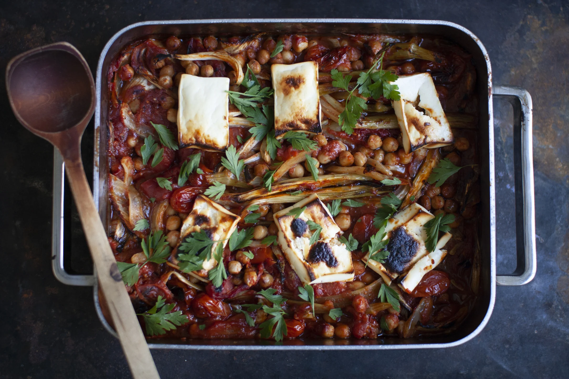 Tomato, Fennel and Chickpea Casserole with Feta