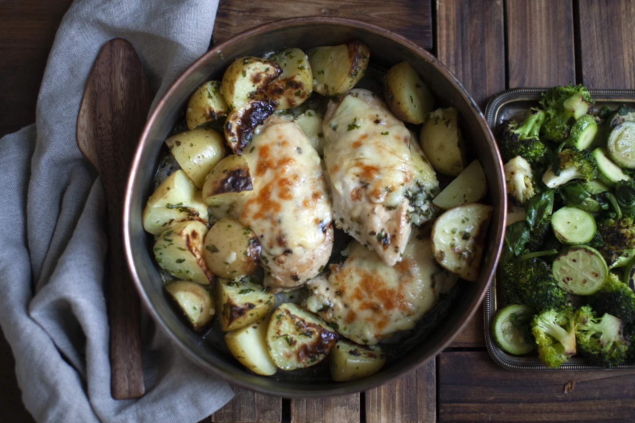 Cheesy Garlic Chicken with Potatoes and Green Vegetables