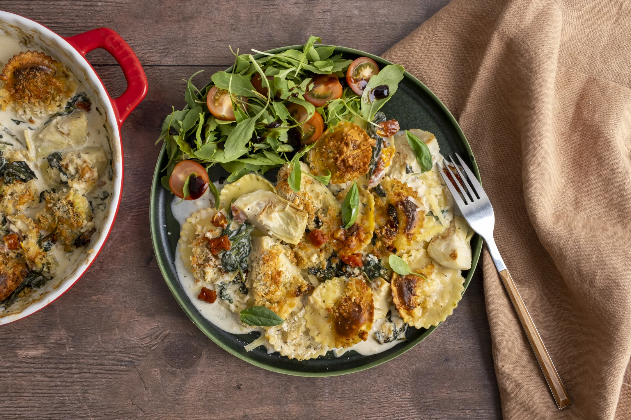 Baked Creamy Tomato and Mozzarella Ravioli with Rocket Balsamic Salad