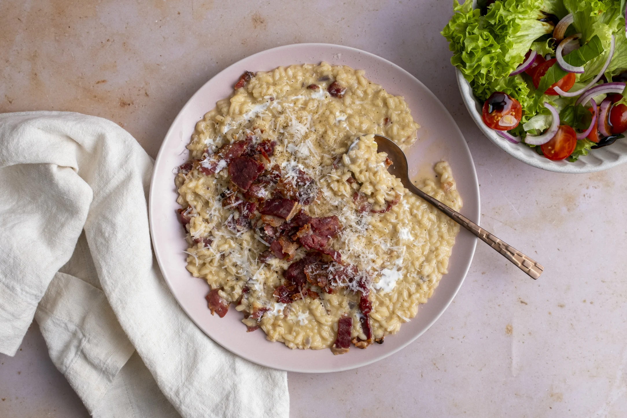 Beef Bacon Risotto Carbonara with Tomato and Basil Side Salad