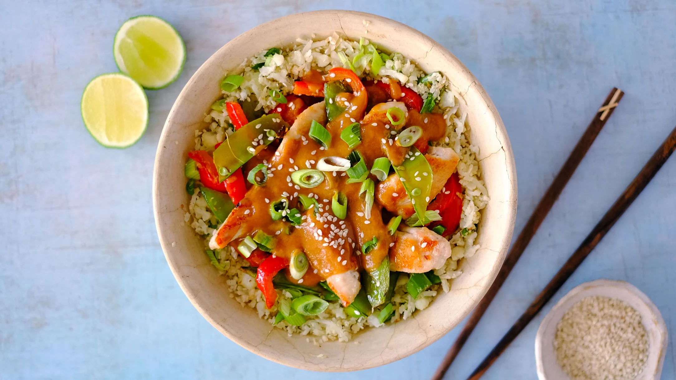 Chicken and a Zingy Peanut Sauce with Cauliflower Rice