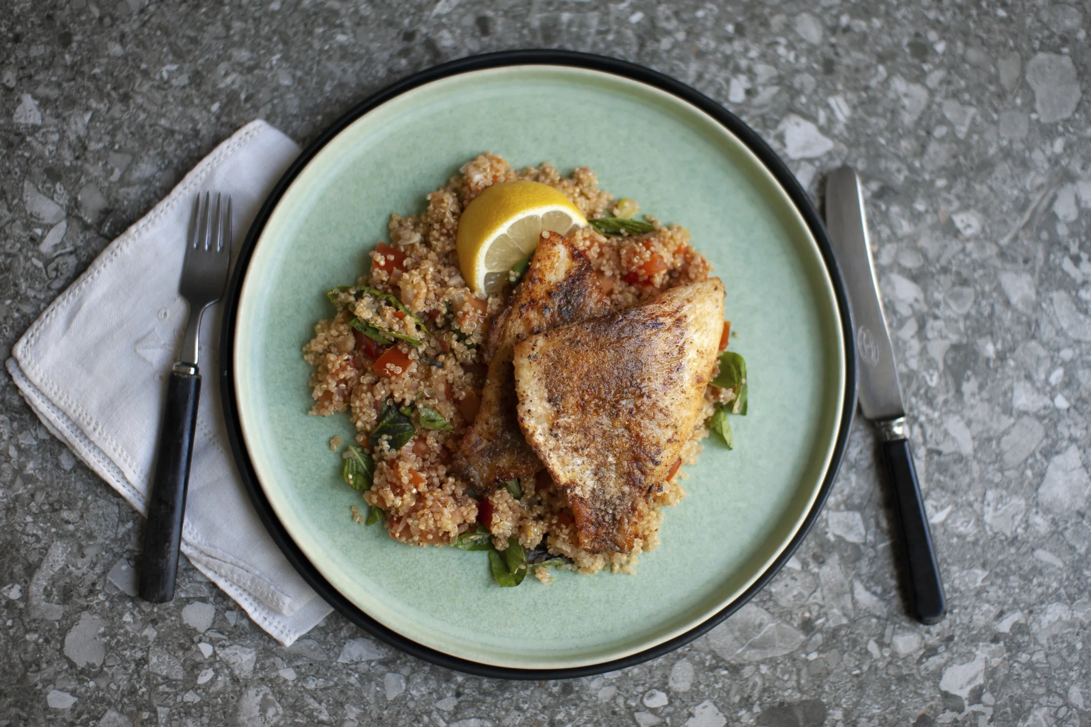 Fried Sea Bream with Spanish Style Quinoa Salad