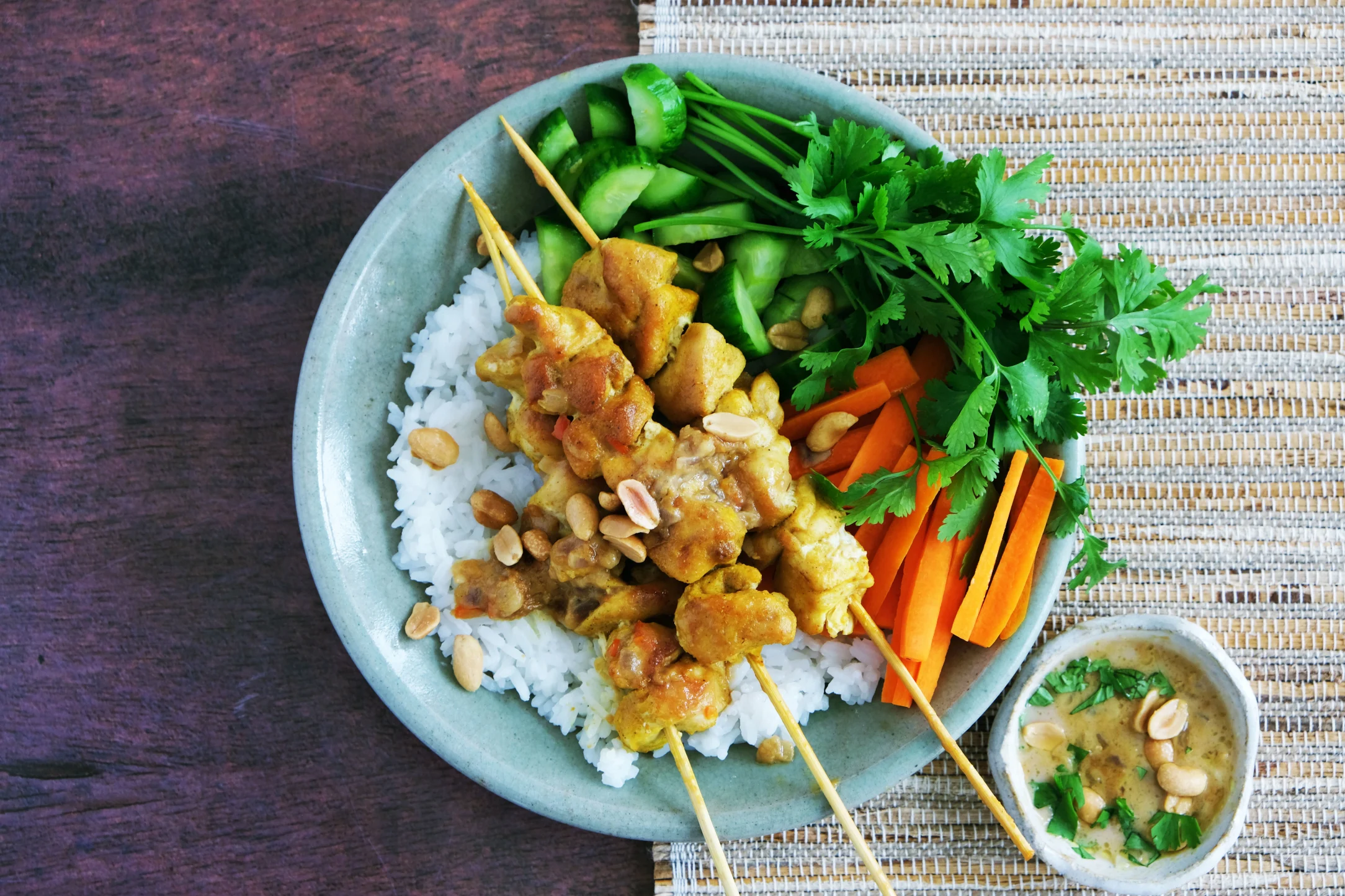 Satay Chicken Skewers with Jasmine Rice and Pickled Cucumber