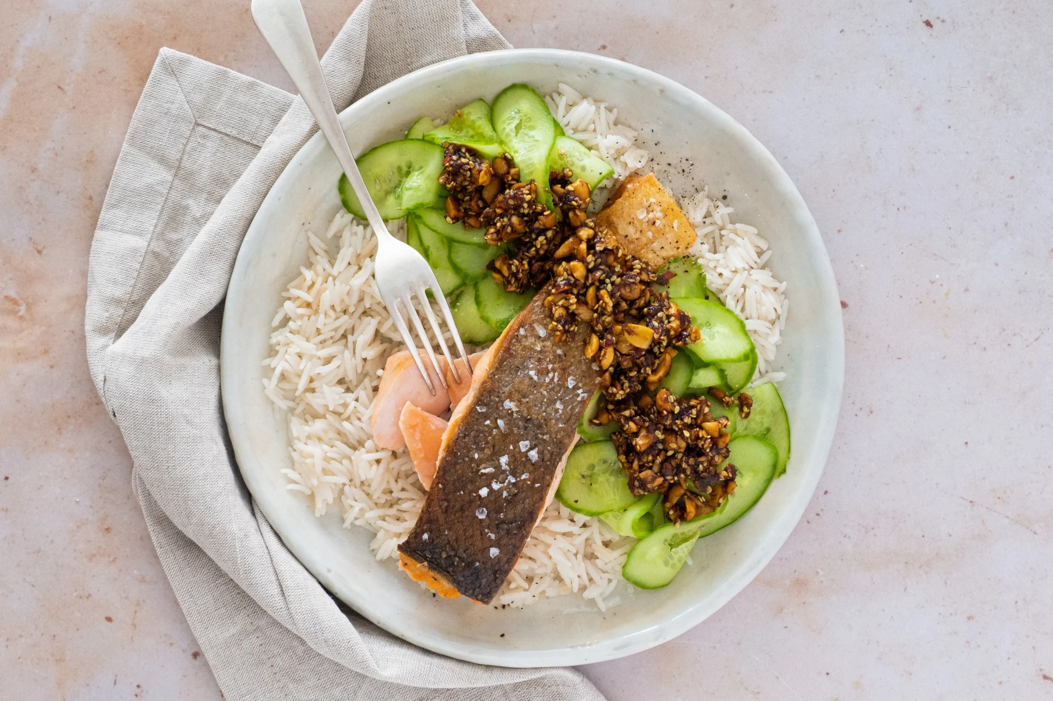 Crispy Salmon with Coconut Rice and Crackle Topping