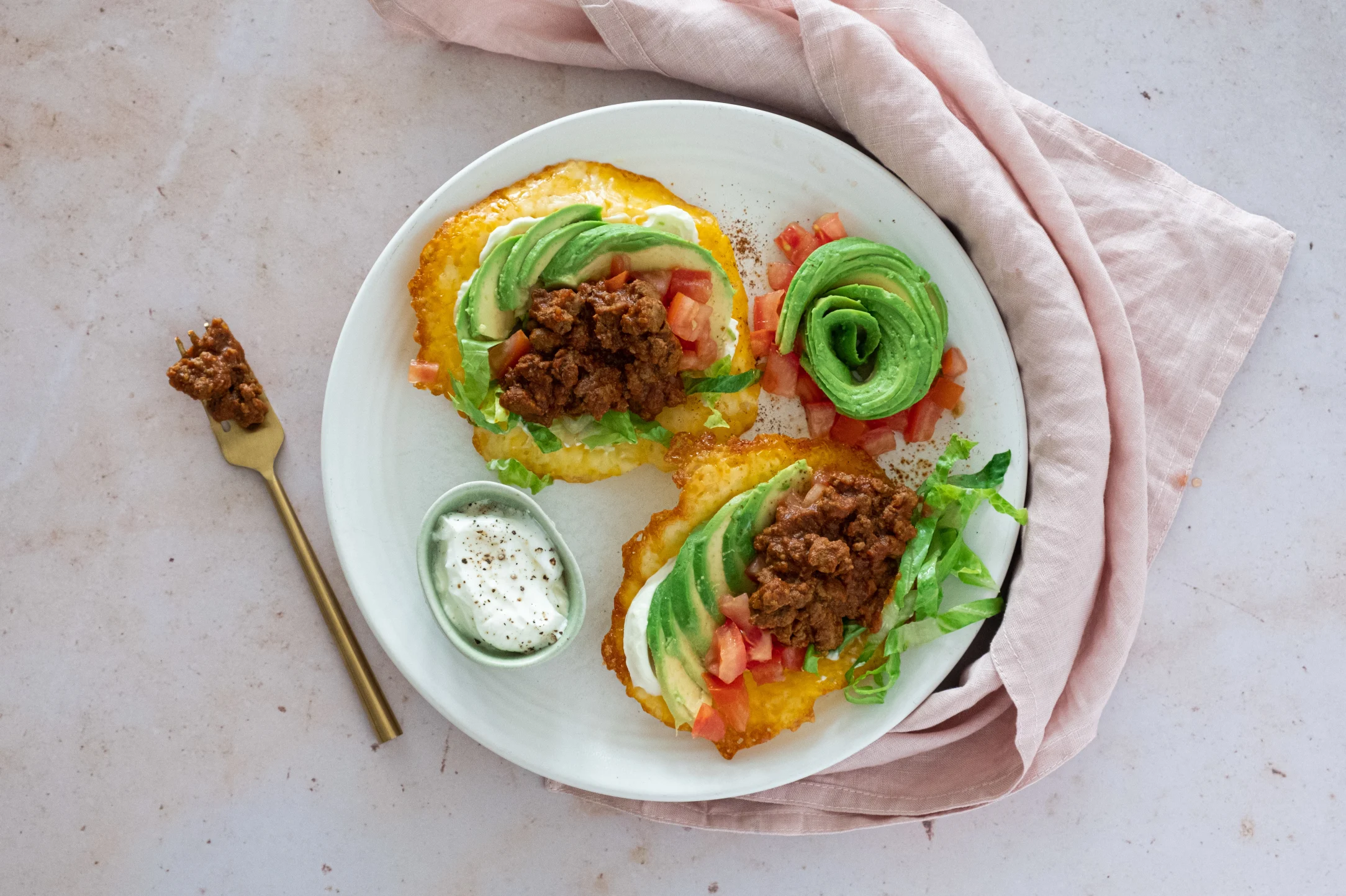 Keto-style Cheese Tacos with Mexican Beef and Avocado