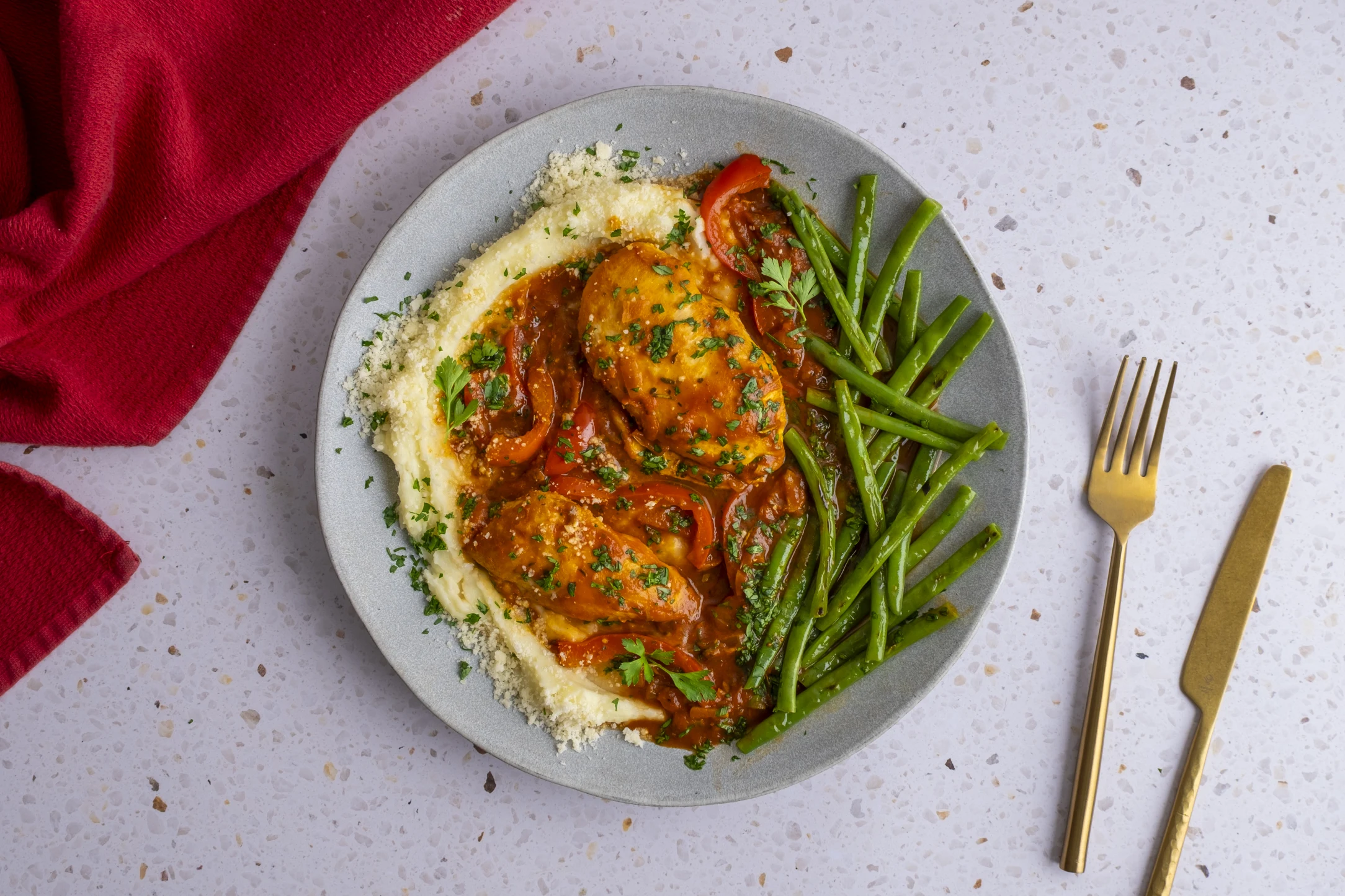 Chicken Cacciatore with Creamy Parmesan Mash & Garlic Green Beans