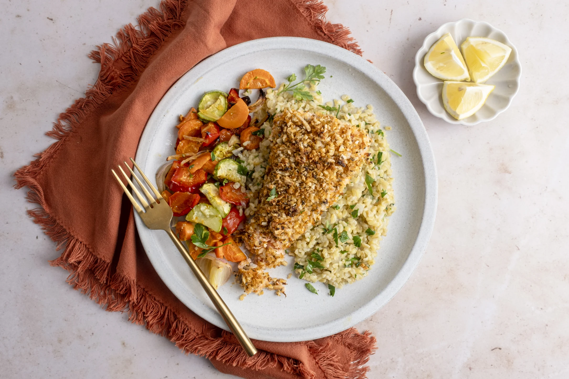 Almond-Crusted Salmon with Roasted Vegetables and Bulgur Wheat Risotto
