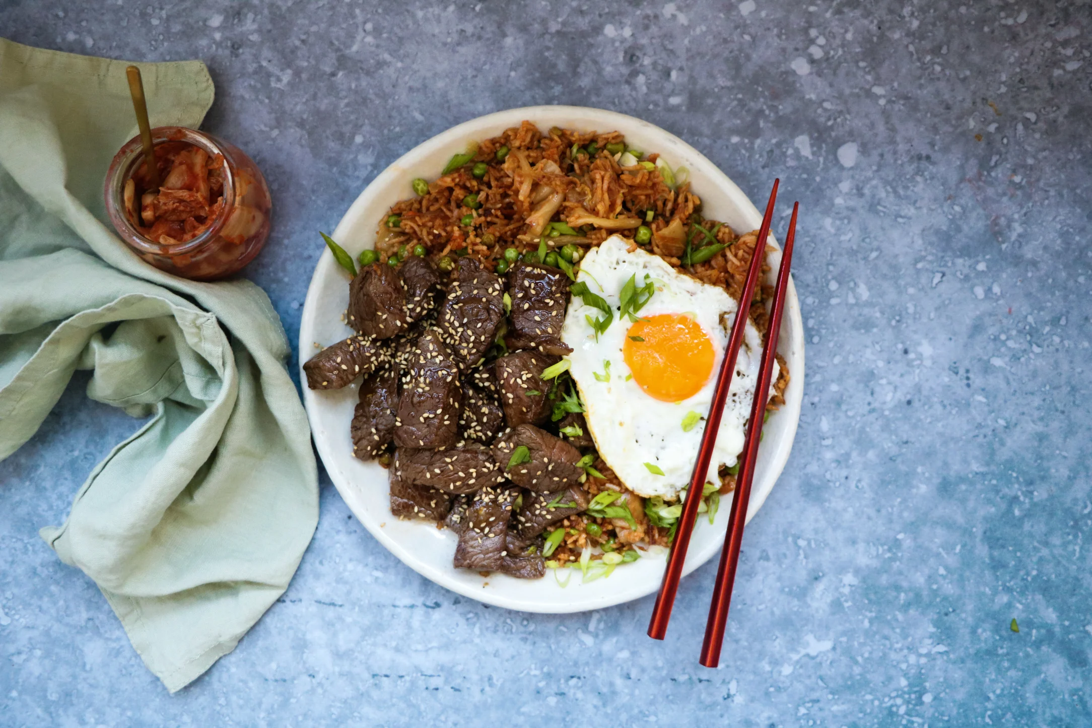 Steak with Kimchi-Fried Rice and Egg