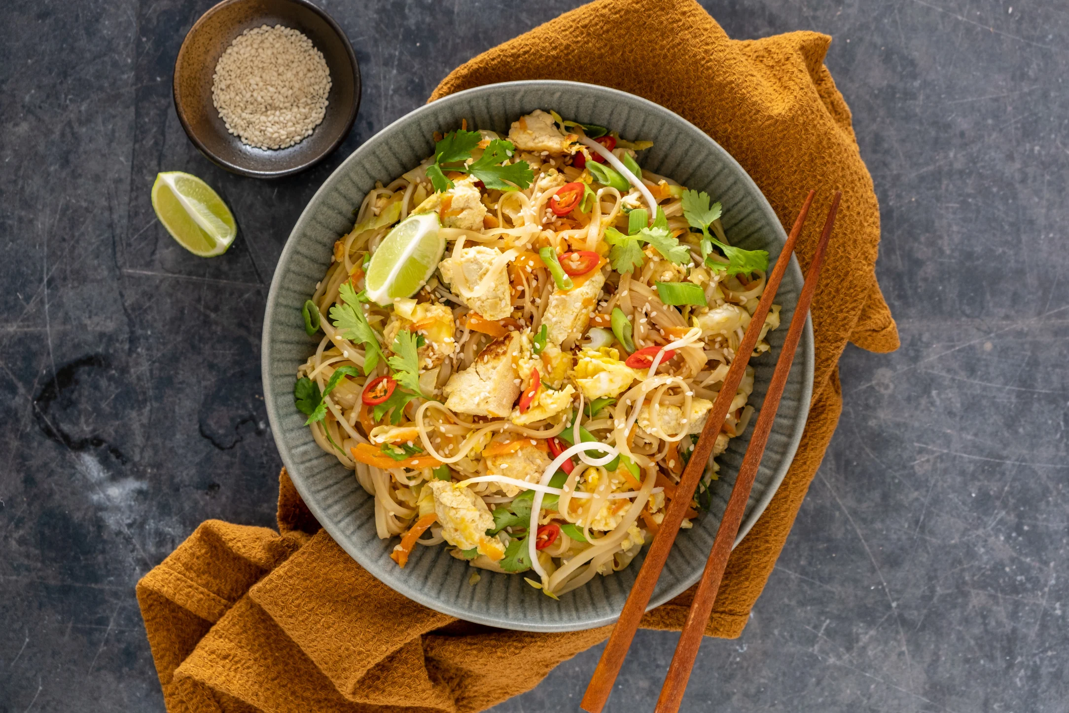 Tofu "Egg Roll" Noodle Bowl with Cabbage, Carrots, and Bean Sprouts