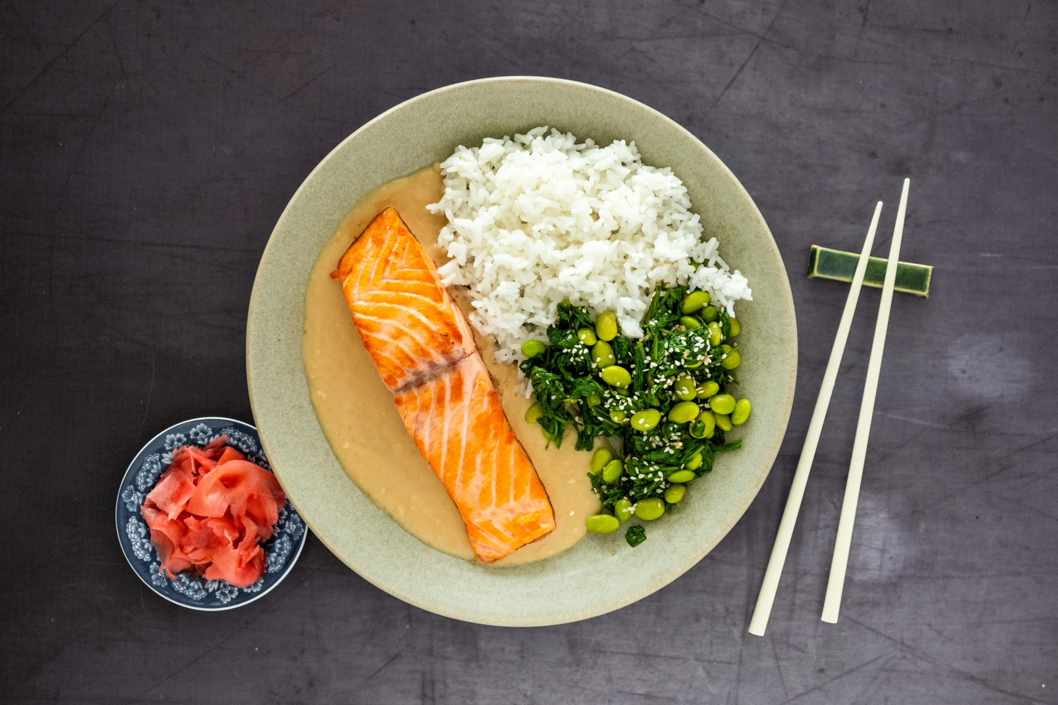 Salmon in Sesame Sauce with Jasmine Rice and Spinach Salad