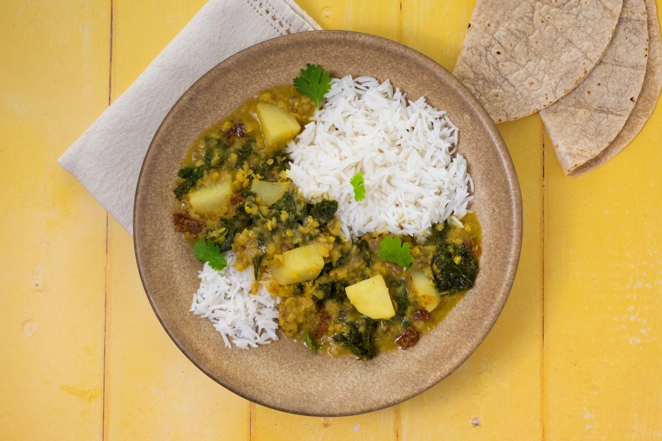 Potato Kale Tadka Dal with Basmati Rice and Chapati