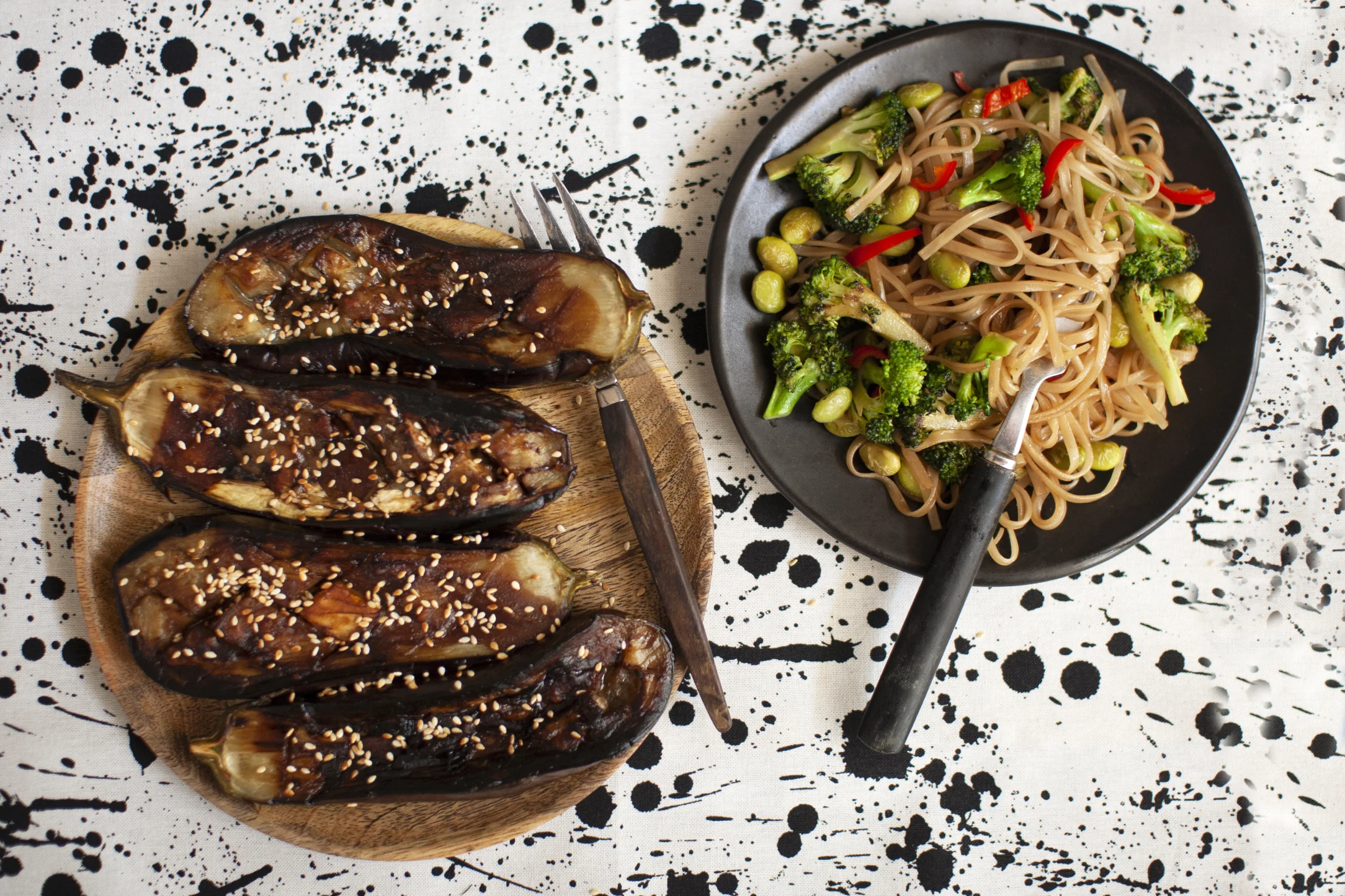 Miso Glazed Eggplants with Broccoli Edamame Stir Fry