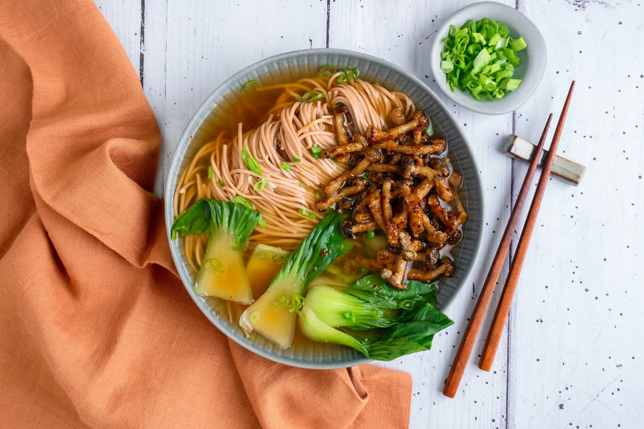 Shimeji Mushroom Soba Noodle Soup with Pak Choi
