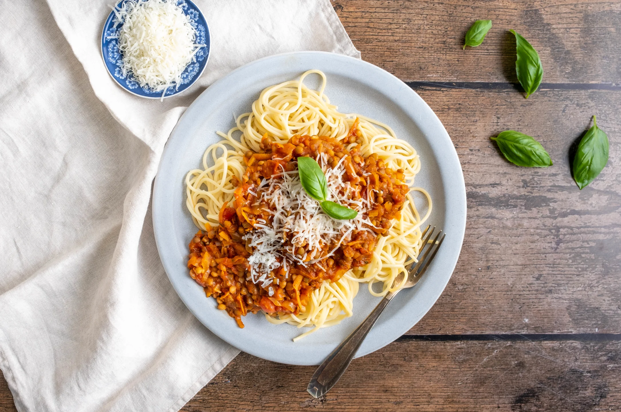 Classic Lentil Spaghetti Bolognese with Parmesan