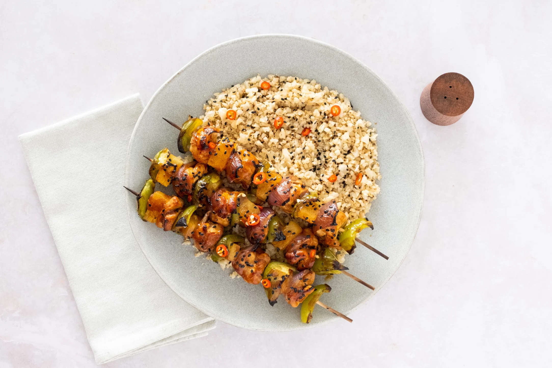 Chicken Teriyaki and Pineapple Skewers over Cauliflower Rice