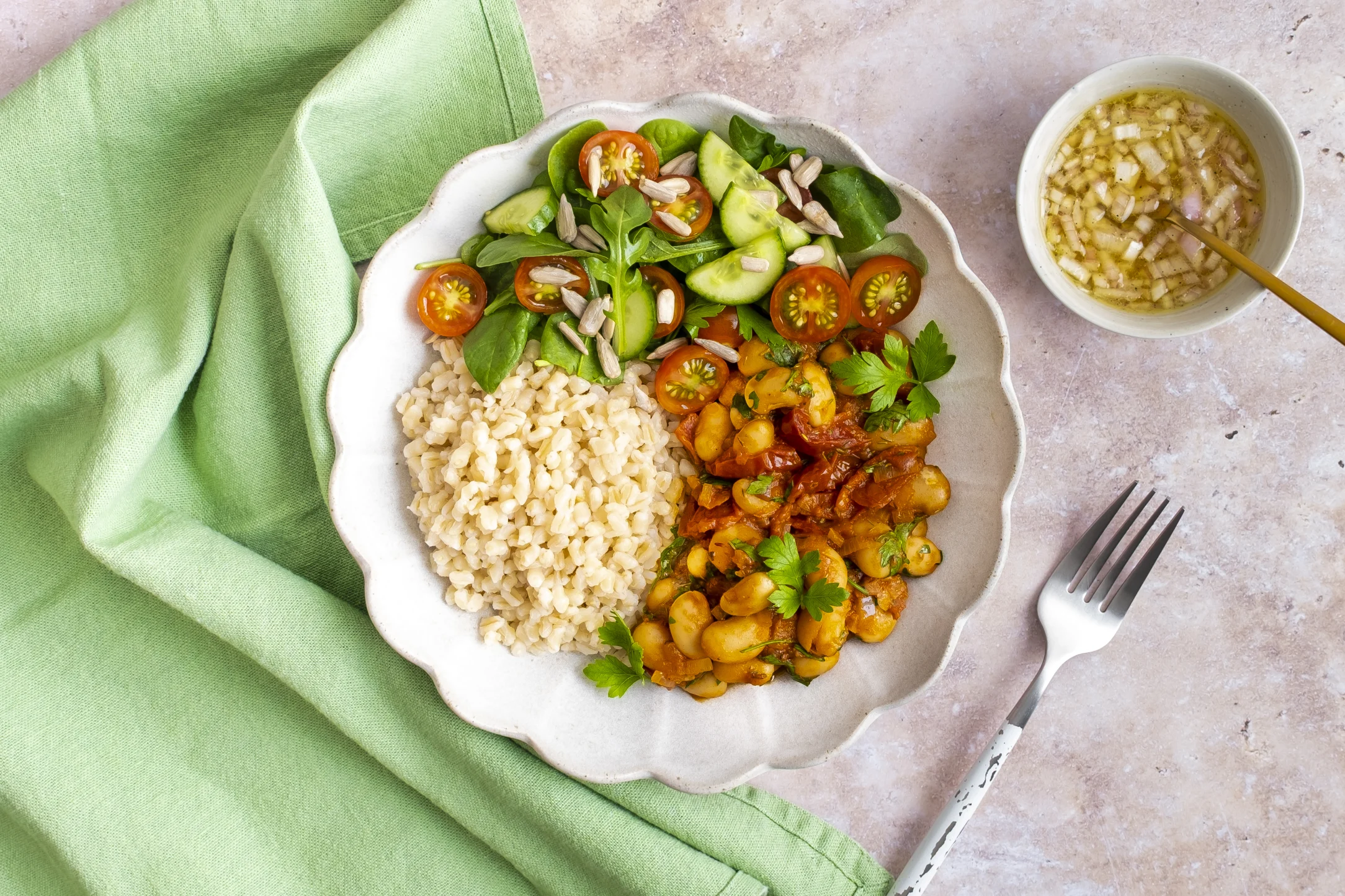 Mediterranean Tomato Butter Beans and Barley Bowl with Seedy Tomato Salad
