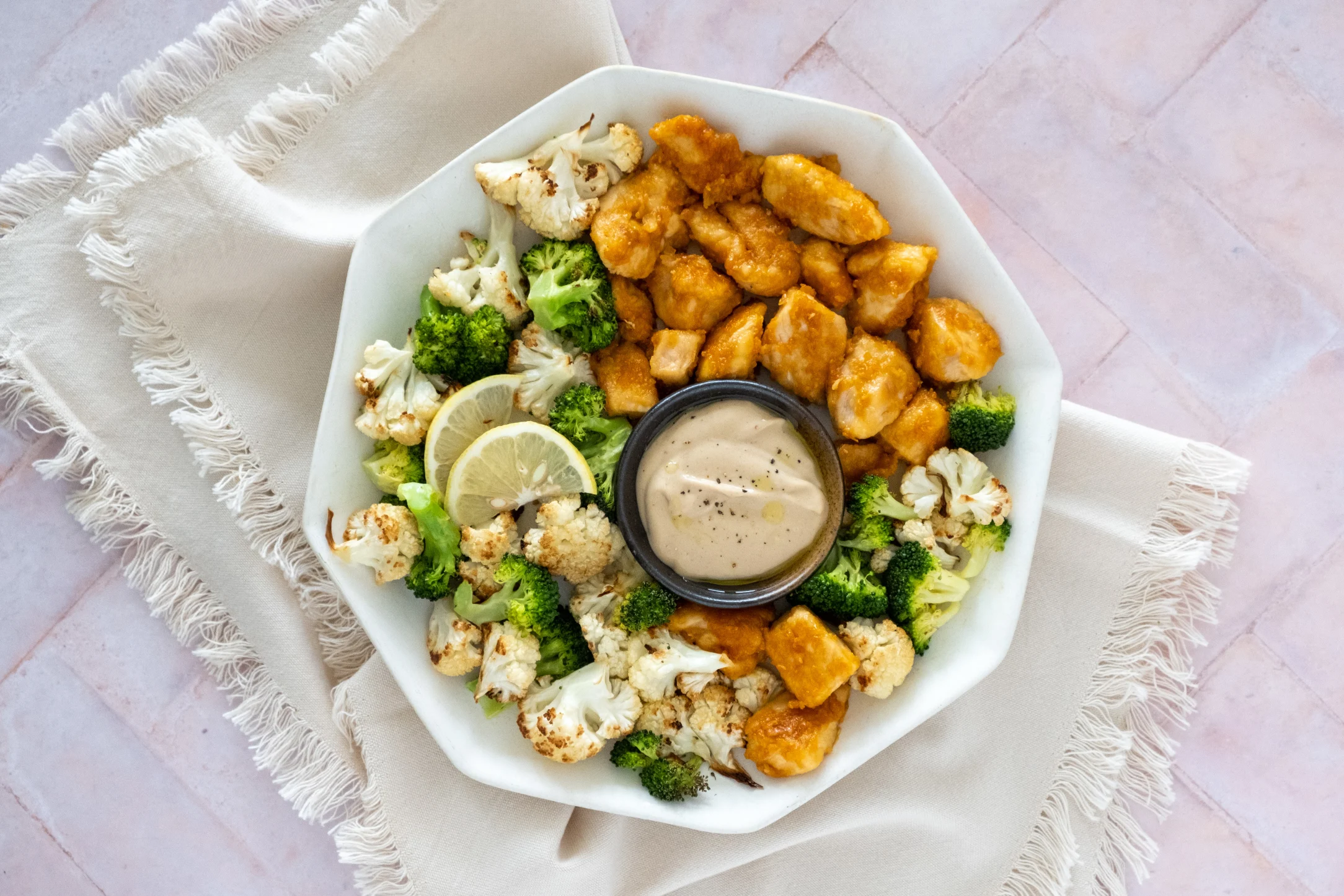 Garlicky Chicken Bites with Roasted Broccoli and Cauliflower and Aioli