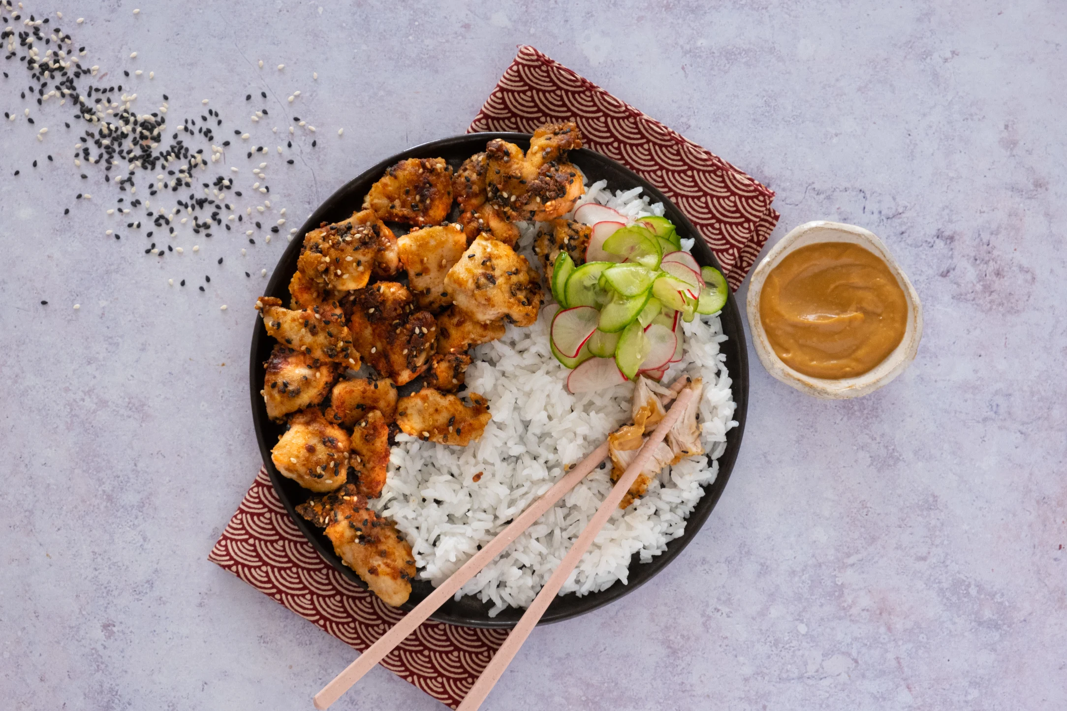 Japanese-style Popcorn Chicken with Jasmine Rice and Miso Mayo