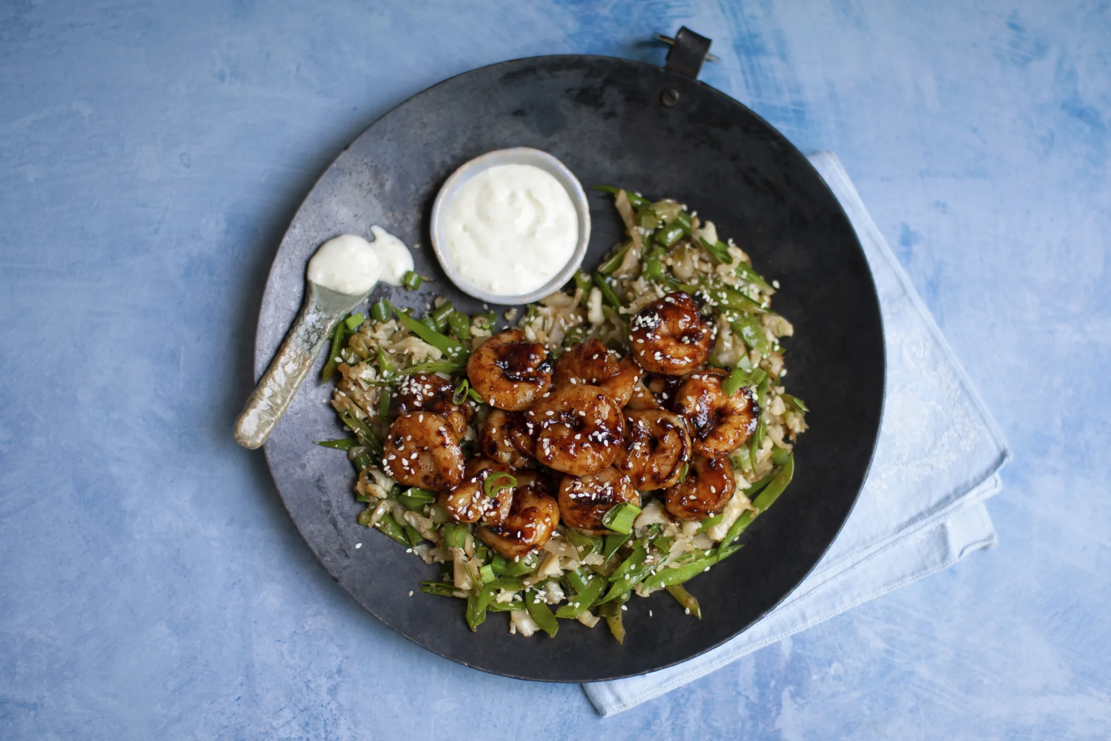 Spicy Hoisin Prawns with Green Cauliflower ‘Rice’ and Lime Mayo