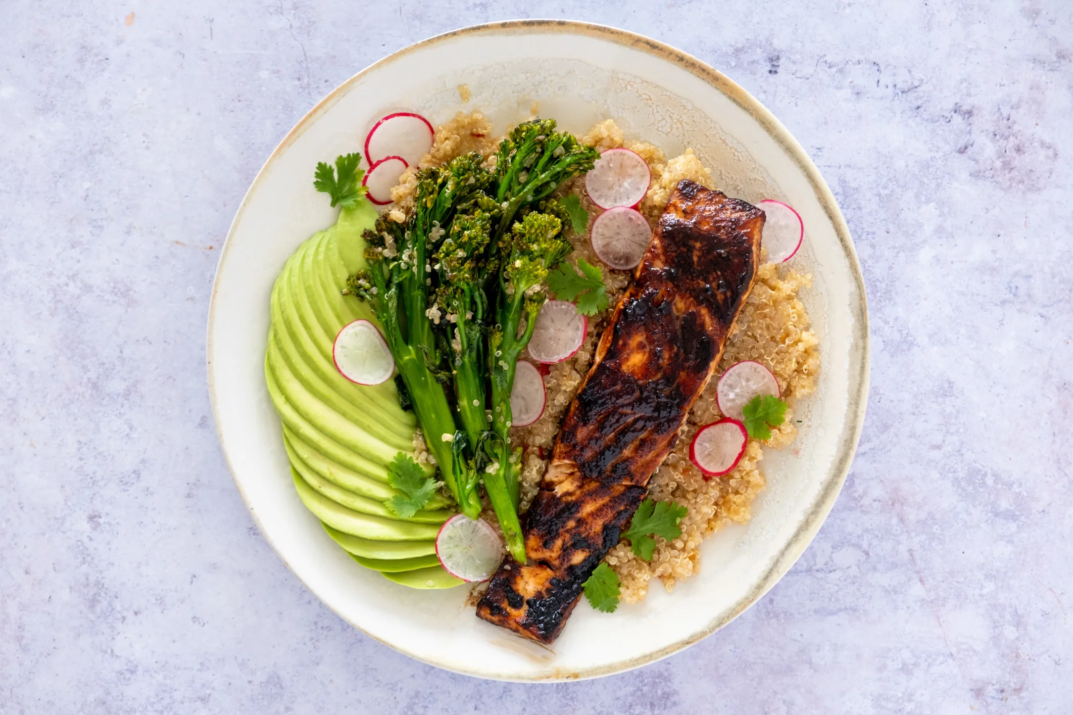 Honey Soy Charred Salmon with Quinoa and Broccoli Salad