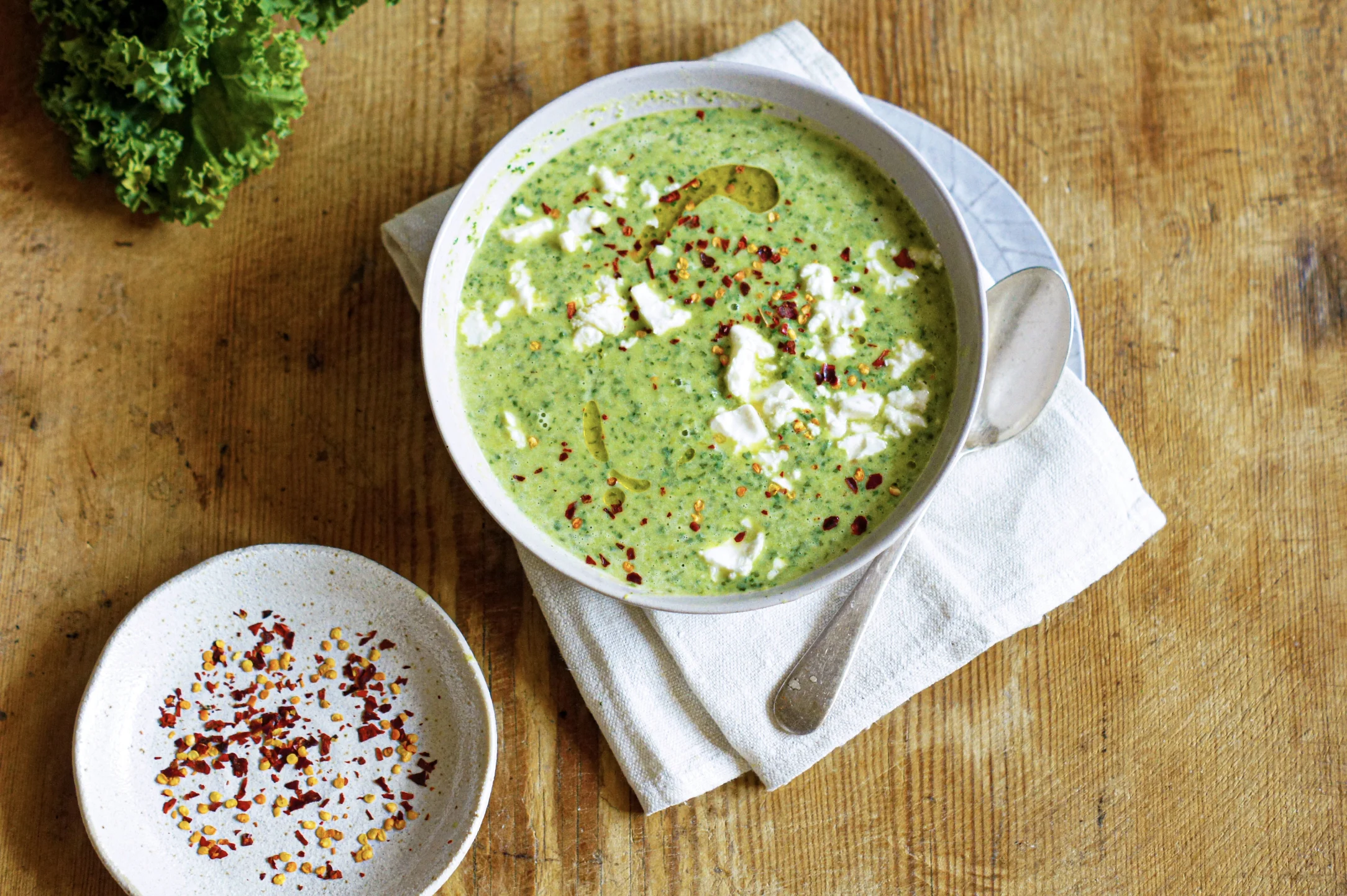 Green Pea and Kale Soup with Chilli and Feta