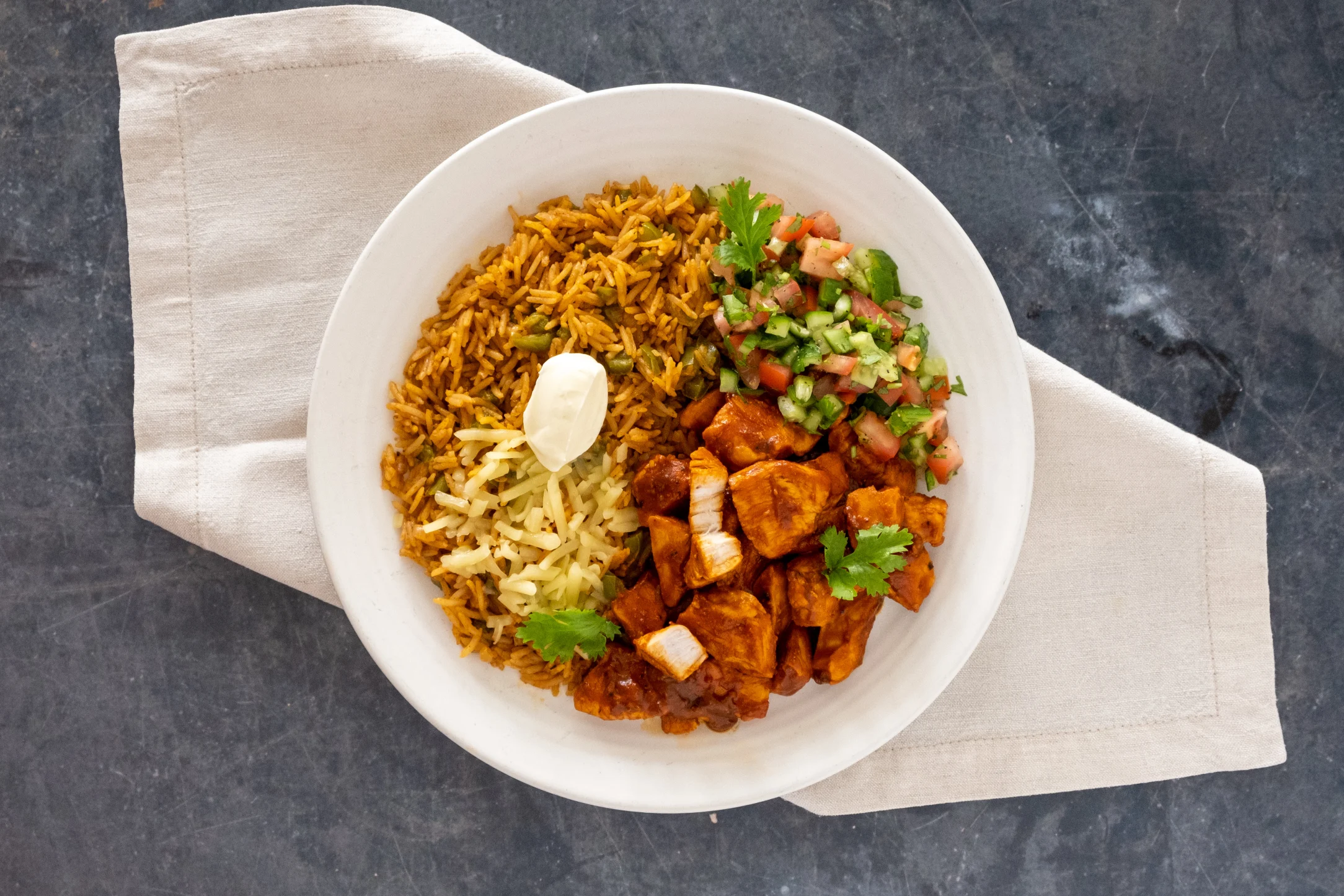 Fajita Chicken with Cheesy Mexican Rice, Salsa and Sour Cream