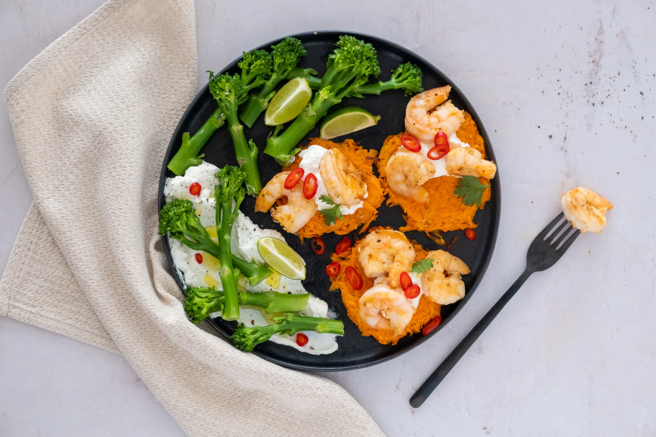 Carrot Pancakes with Spicy Prawns and Tenderstem Broccoli