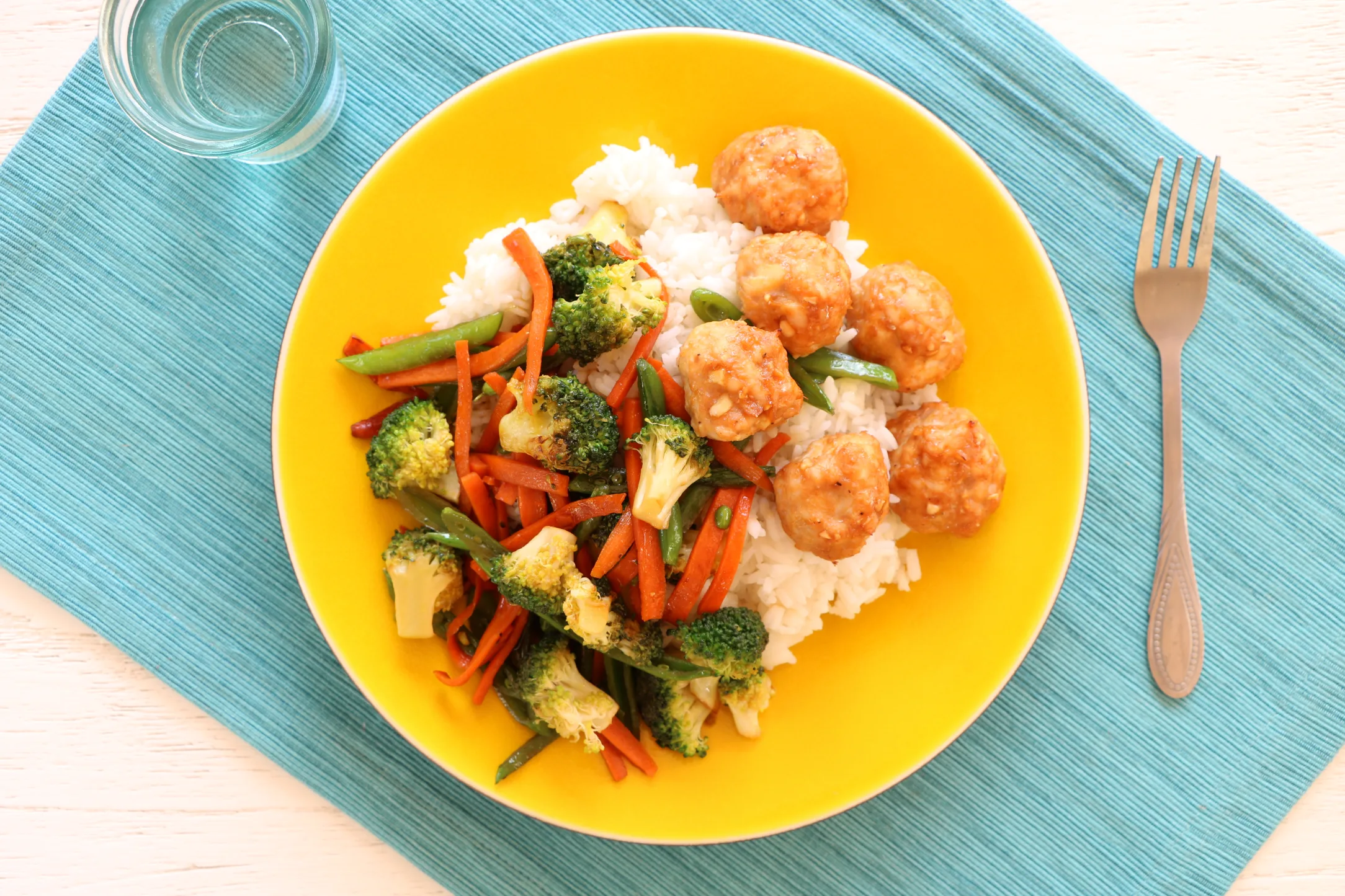 Asian Chicken Meatballs with Stir Fried Veggies and Jasmine Rice