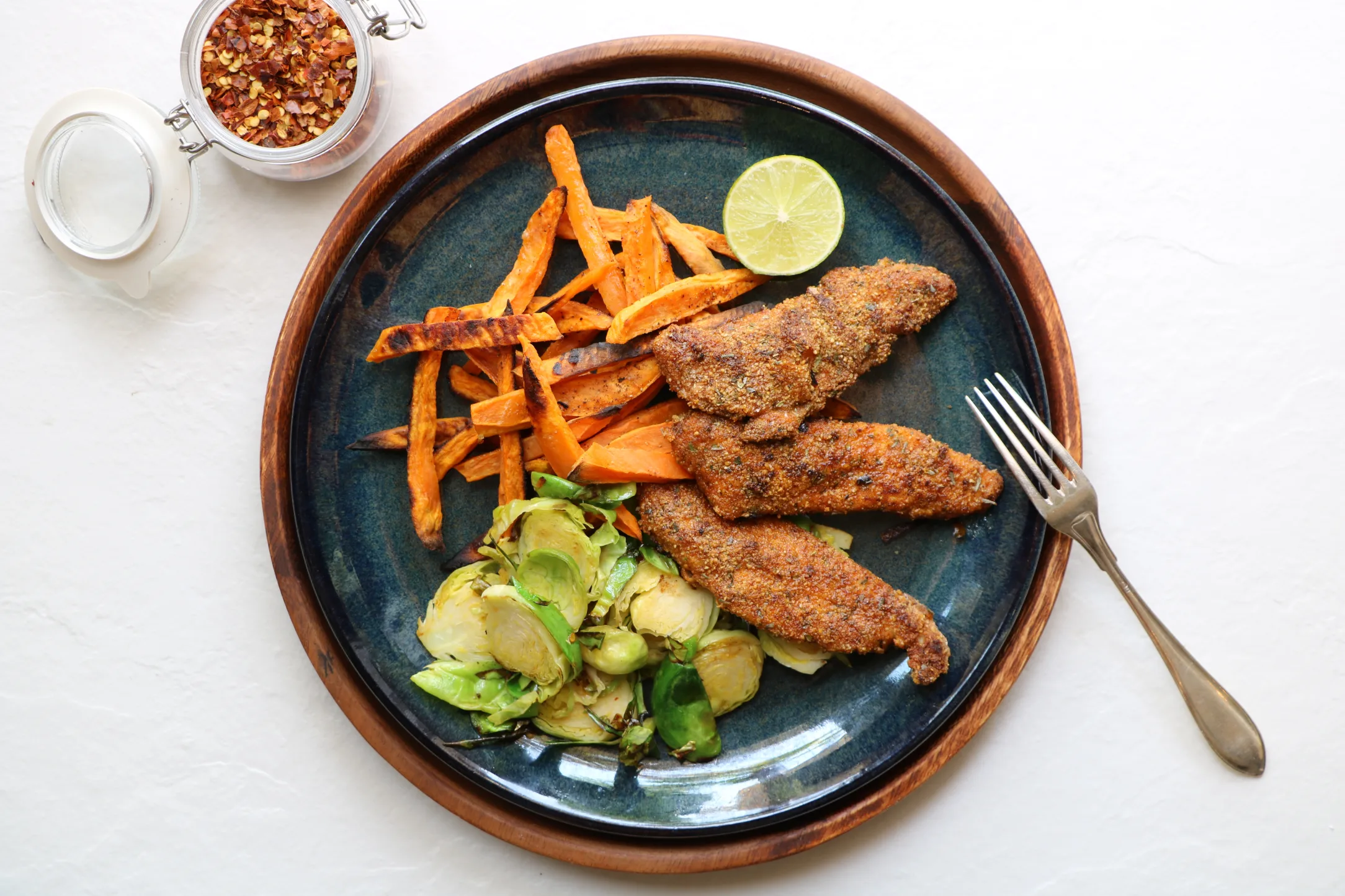 Chicken Escalope with Roasted Sweet Potatoes and Spicy Brussels Sprouts