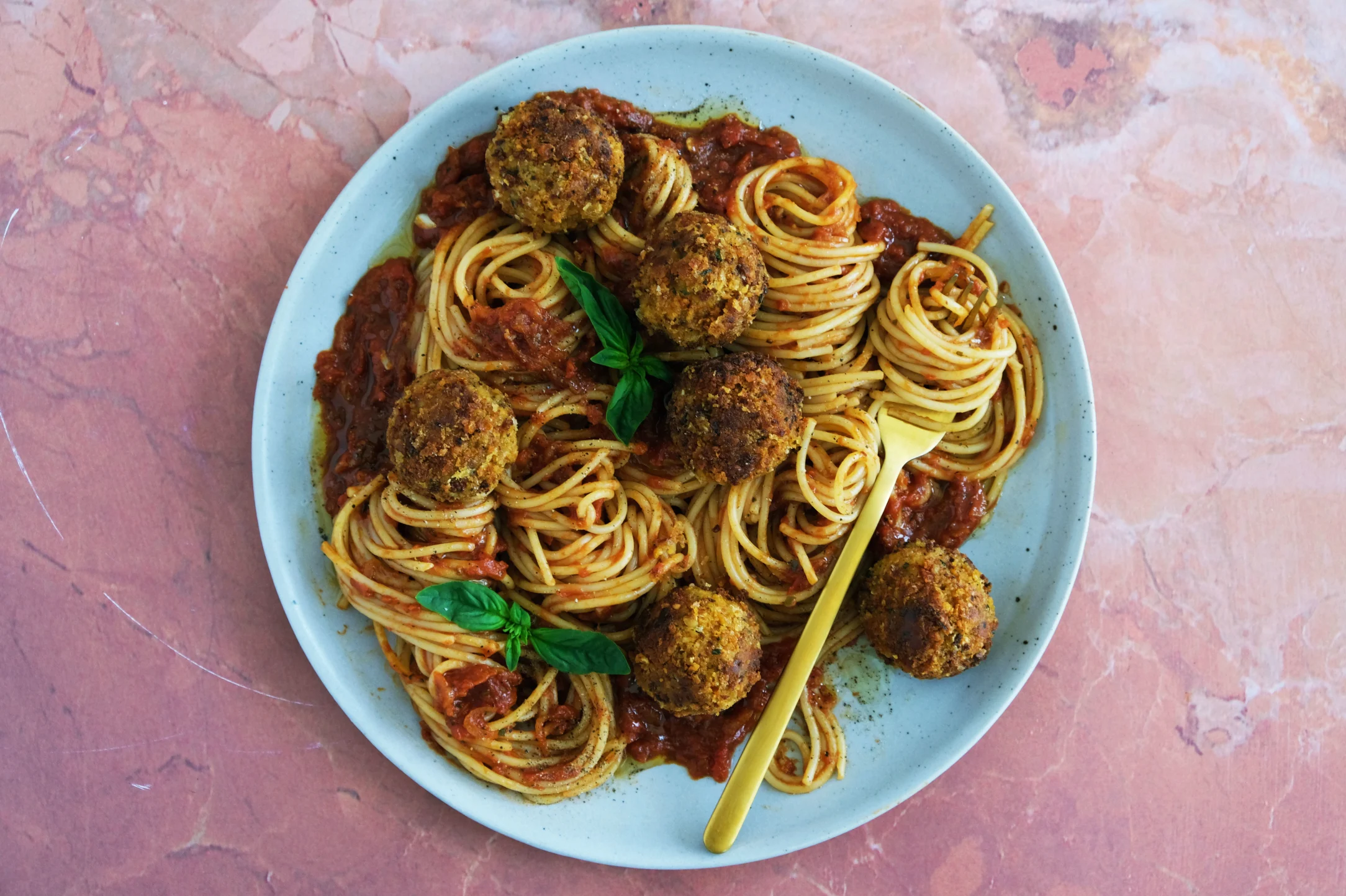 Sun-Dried Tomato and Chickpea 'Meatballs' with Spaghetti and Tomato Sauce