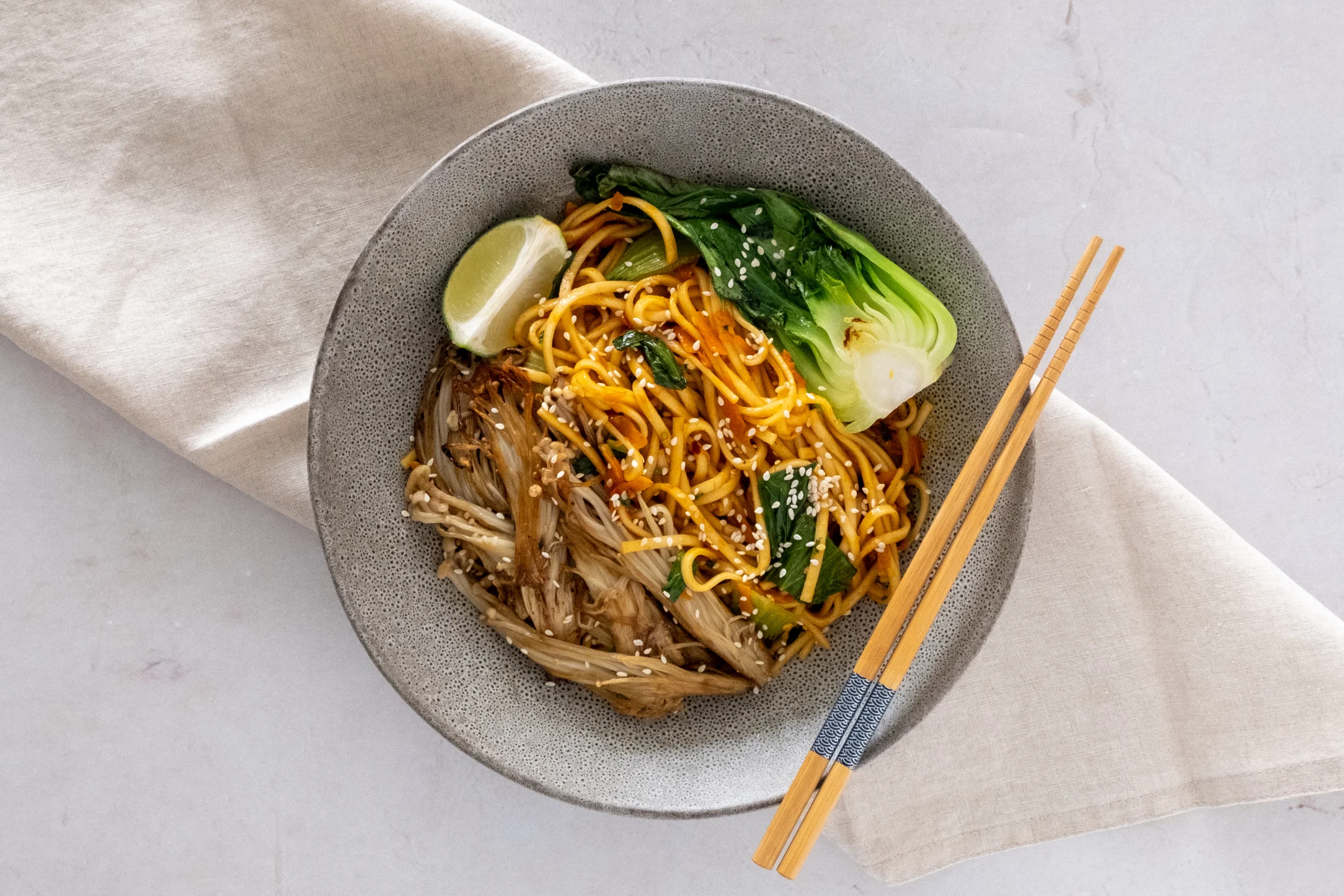 Chilli Lime and Coriander Noodles with Enoki Mushrooms and Pak Choi