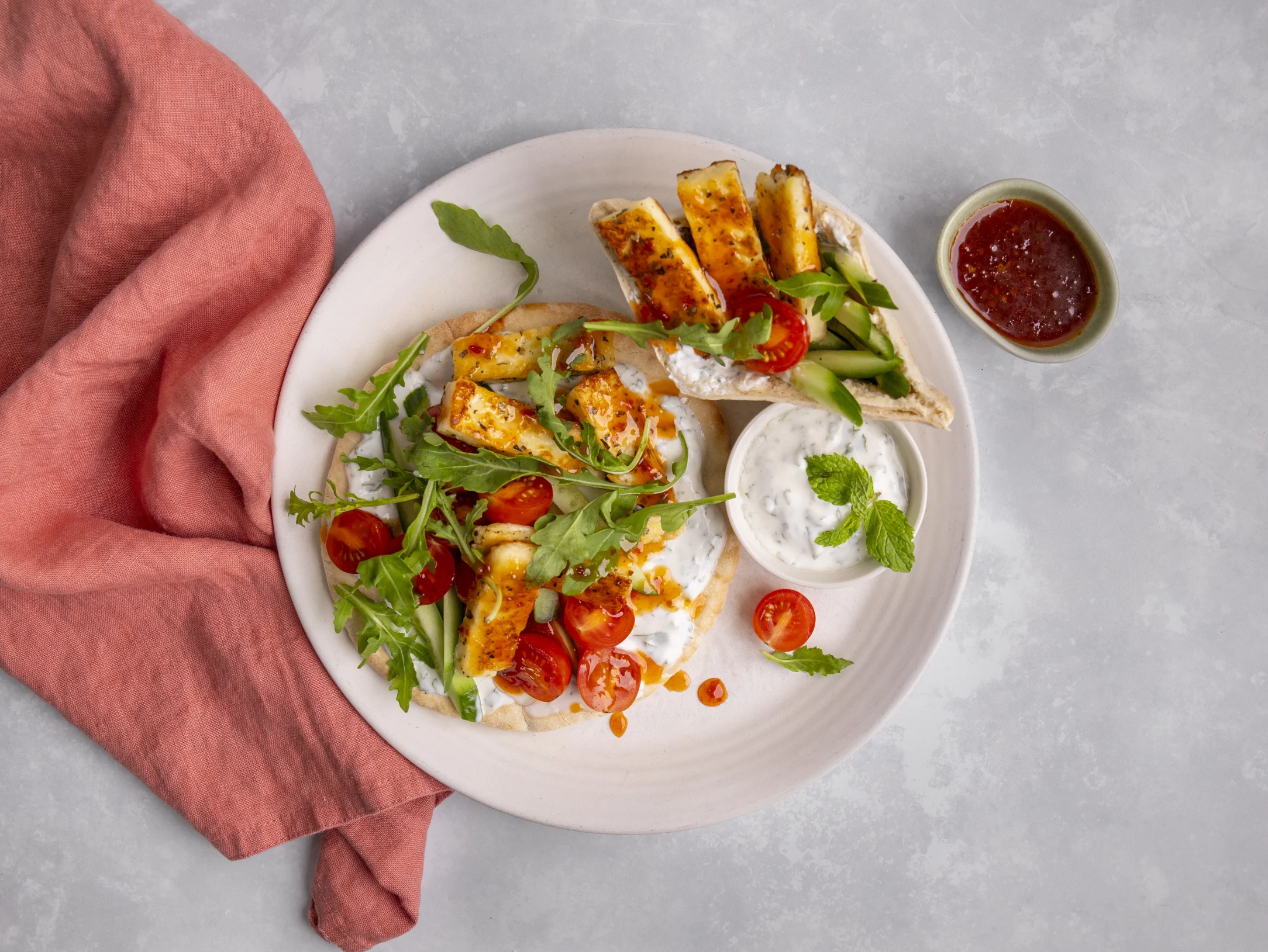 Hot Honey Halloumi Pitta Pockets with Mint Yogurt and Fresh Salad