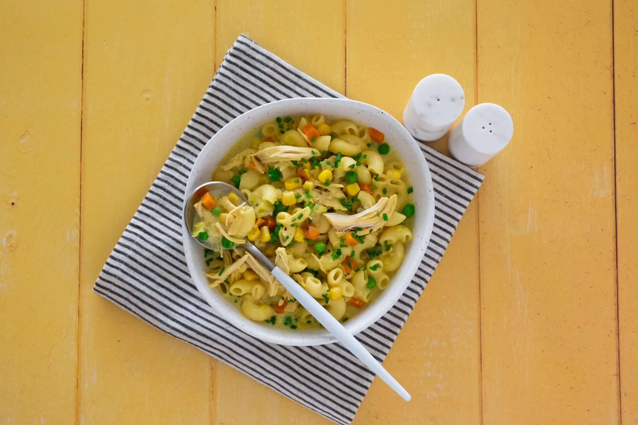 Creamy Chicken Pasta Soup with Rainbow Vegetables