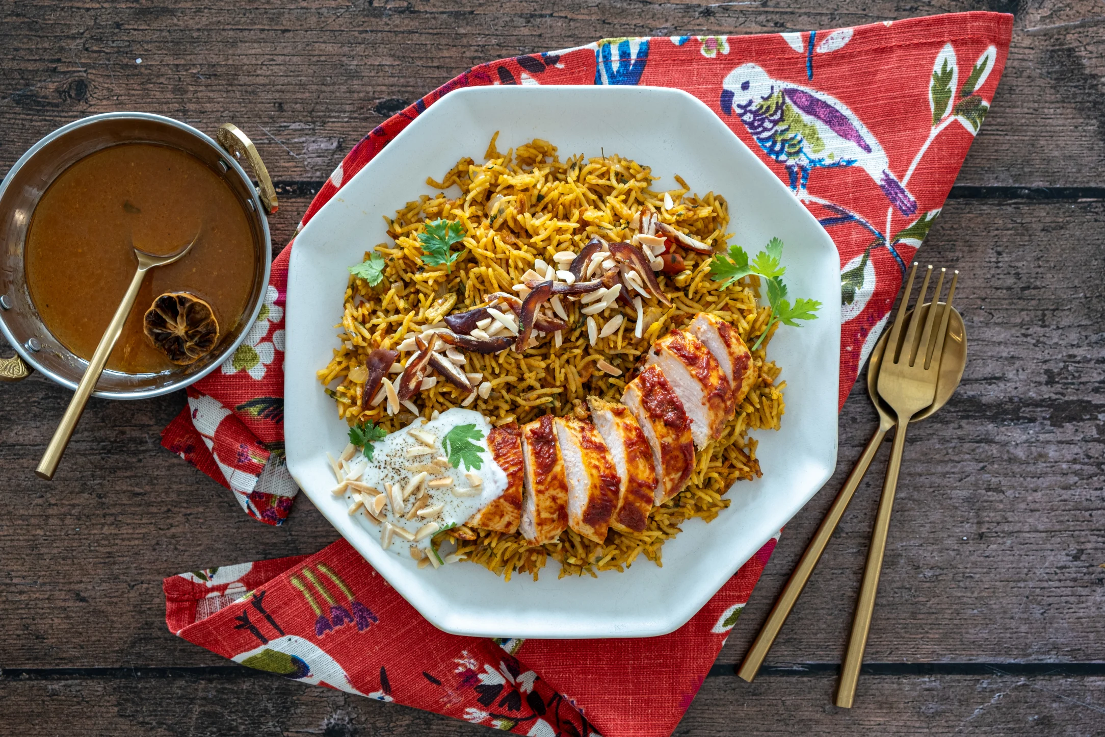 Emirati-Style Chicken and Rice Machboos with Almonds and Dates