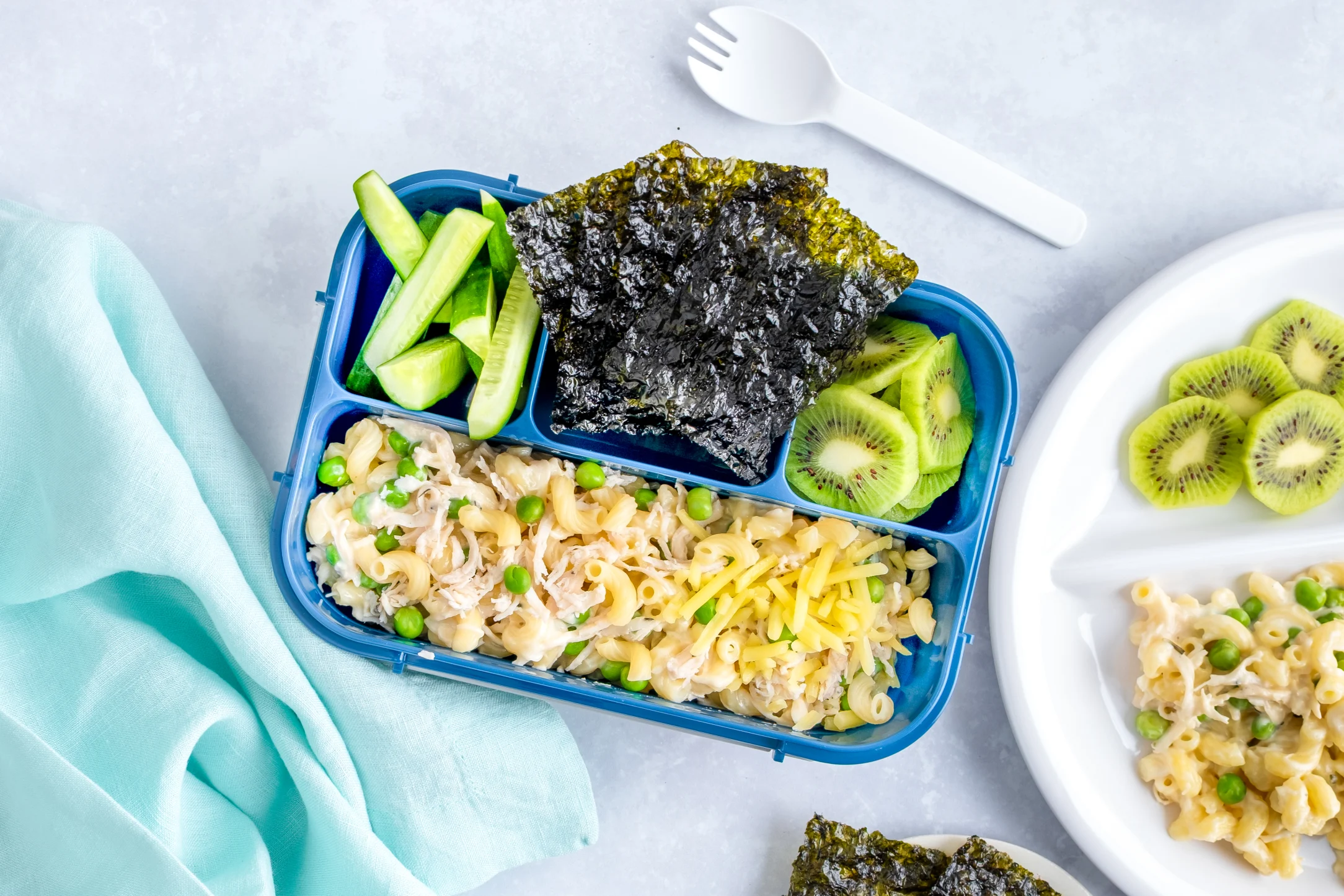 Creamy Chicken Mac and Cheese with Cucumber, Kiwi and Nori Sheets