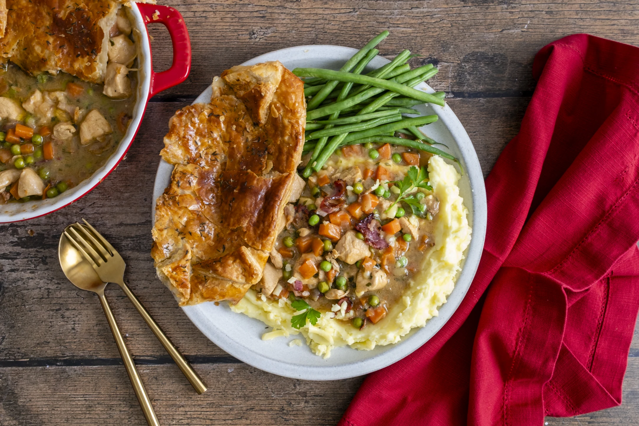 Chicken and Bacon Puff Pastry Pie with Cheesy Mash and Green Beans