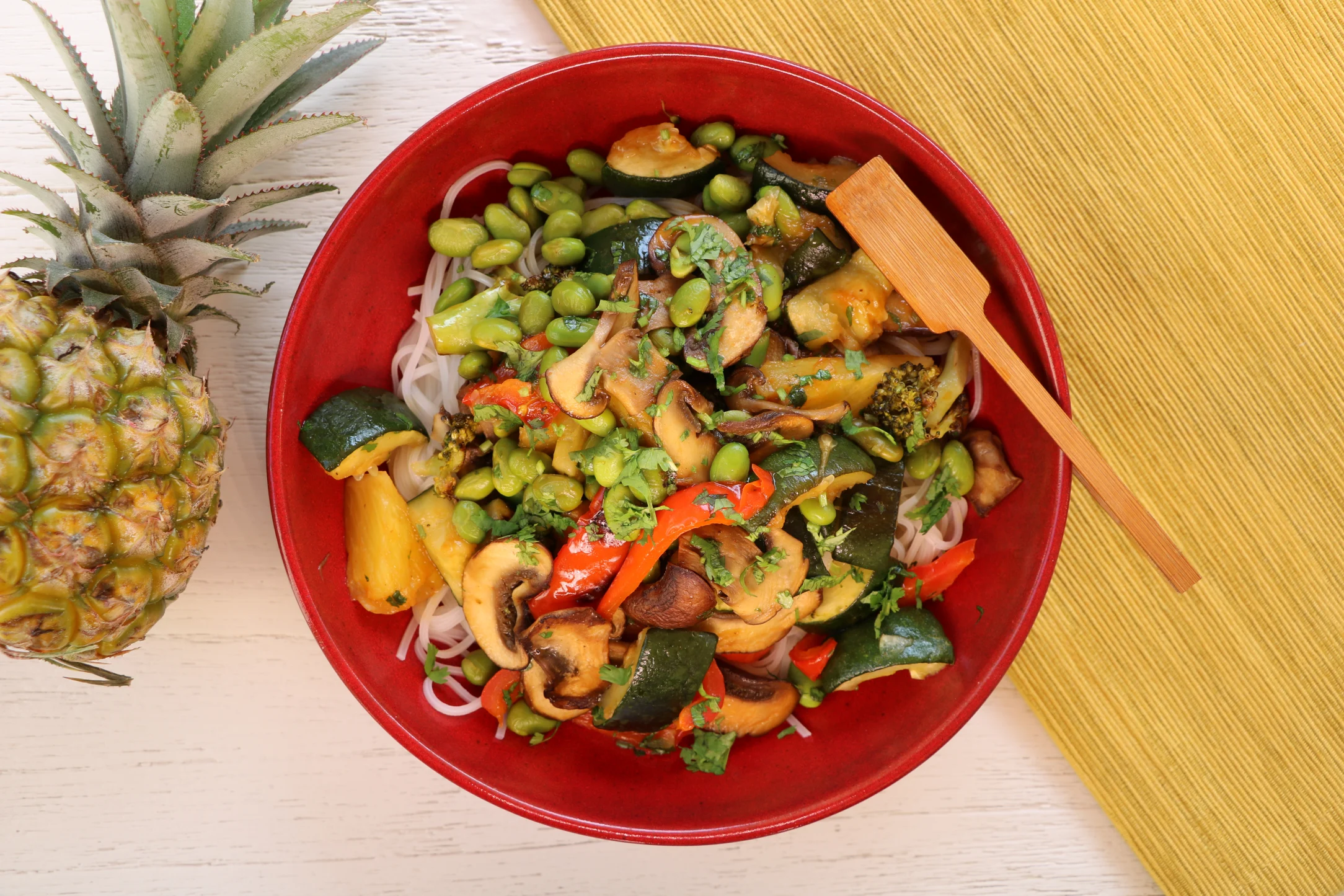 Roasted Pineapple, Zucchini and Pepper Bowls with Edamame and Noodles