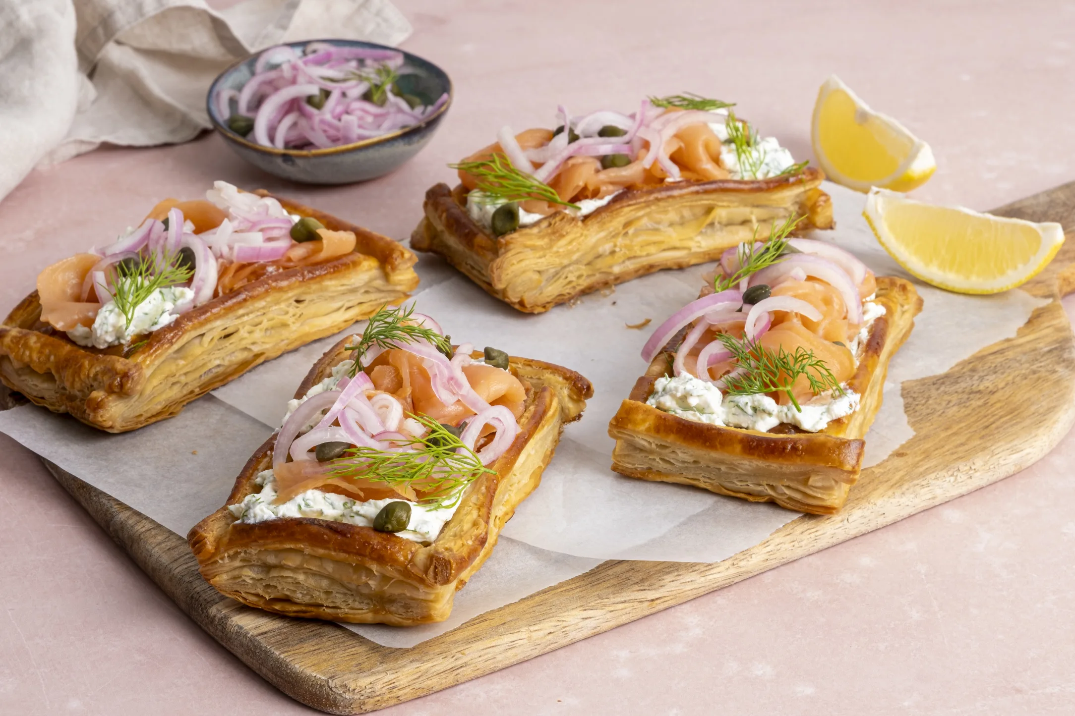 Smoked Salmon All-Butter Puff Pastry Tarts with Dill Cream Cheese and Pickled Shallots