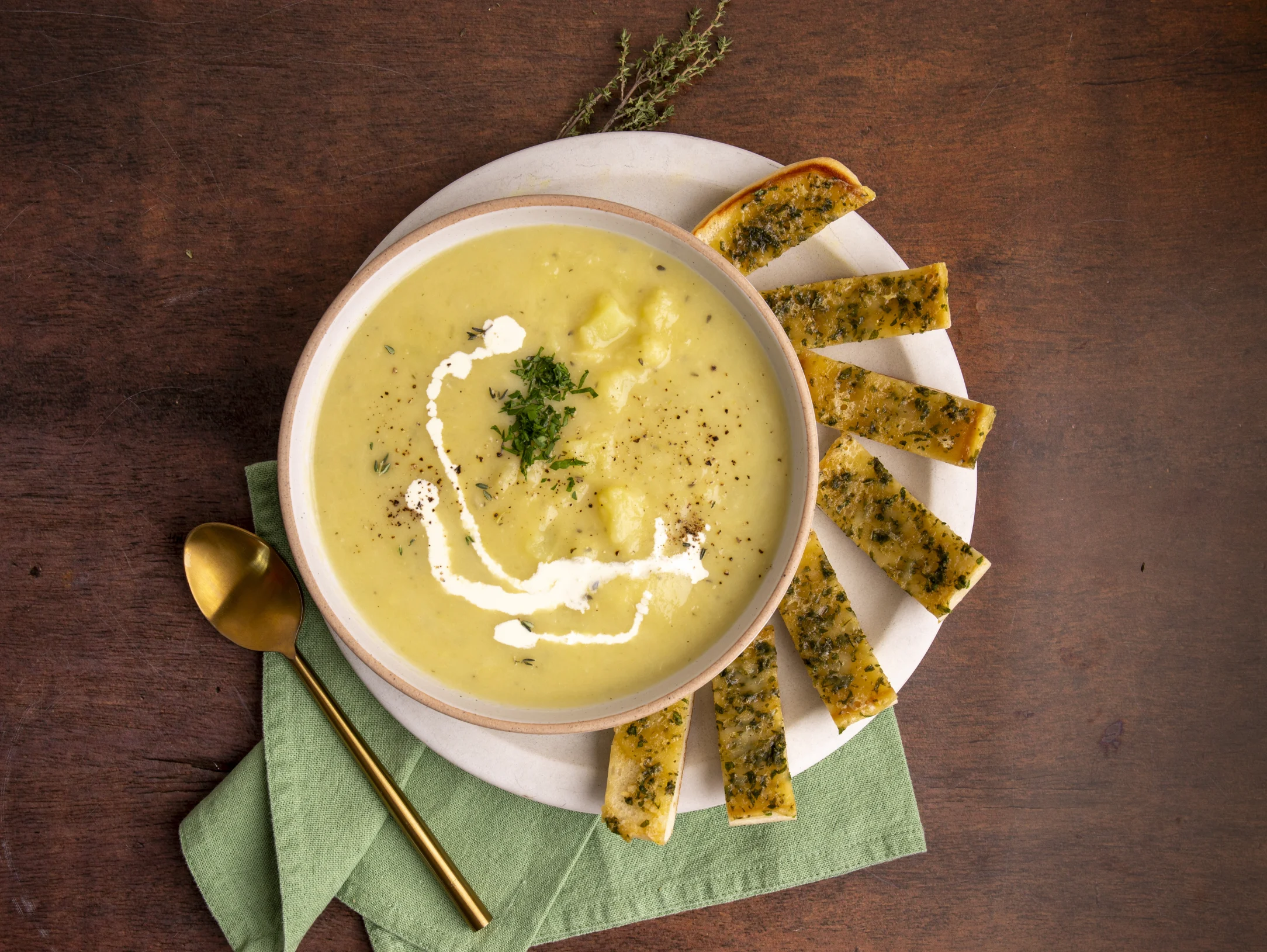Leek and Potato Soup with Cheezy Garlic Soldiers