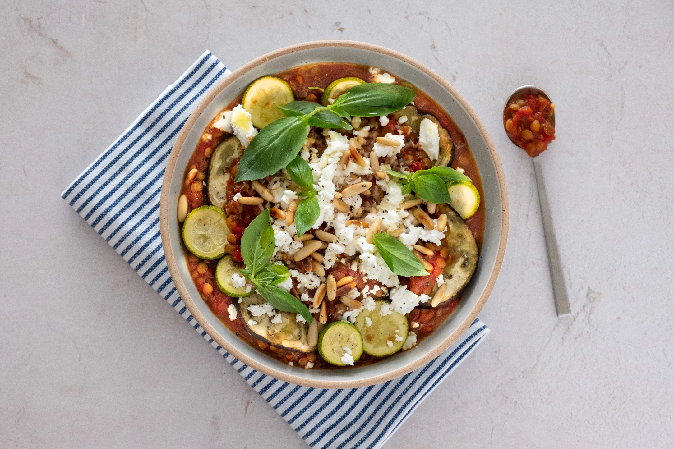Mediterranean-style Roasted and Layered Veggies with Lentils and Cheese