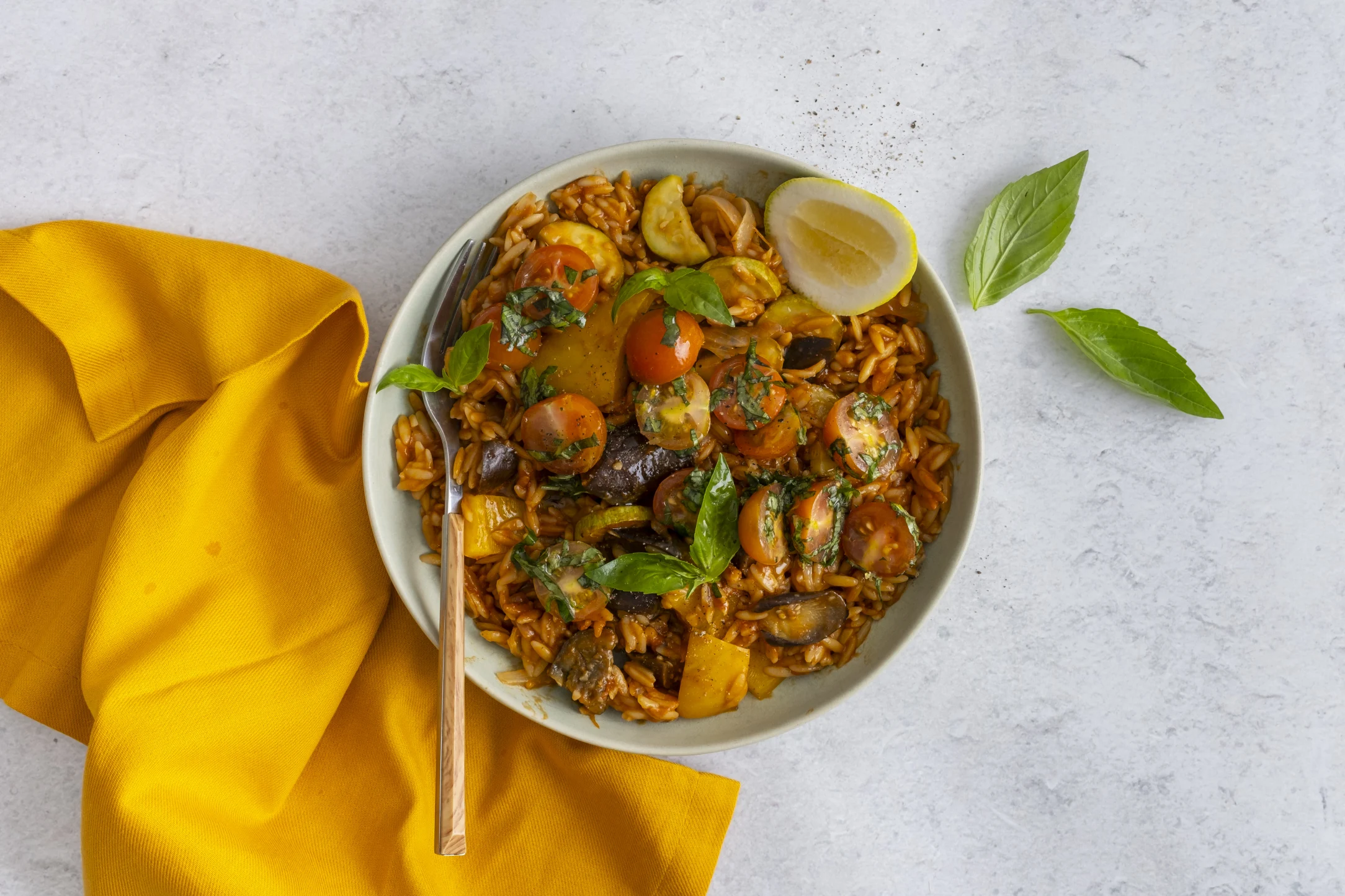 Mediterranean Vegetable Orzo with Eggplant, Zucchini and Tomatoes