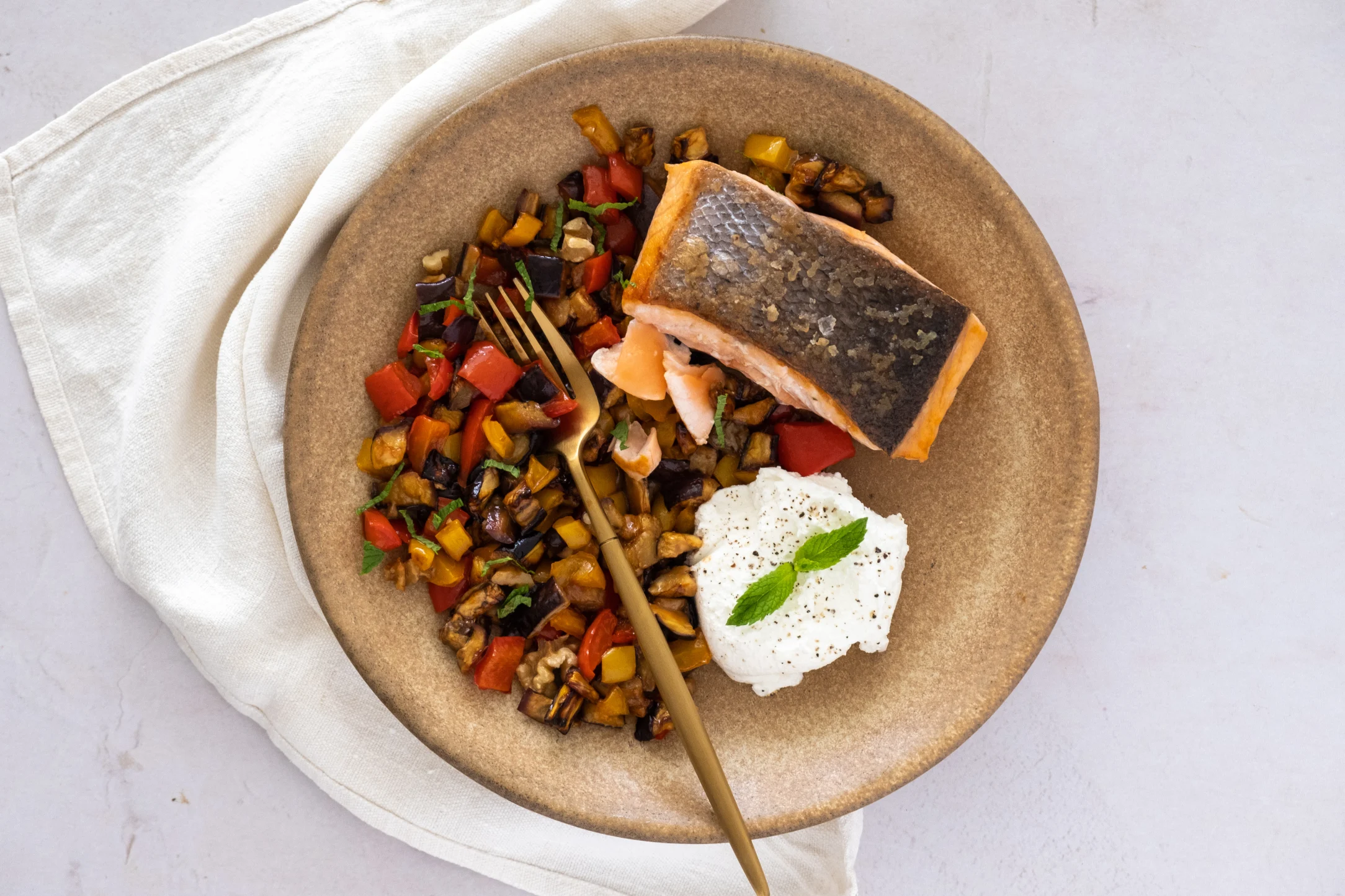 Salmon with Eggplant Salad and Labneh
