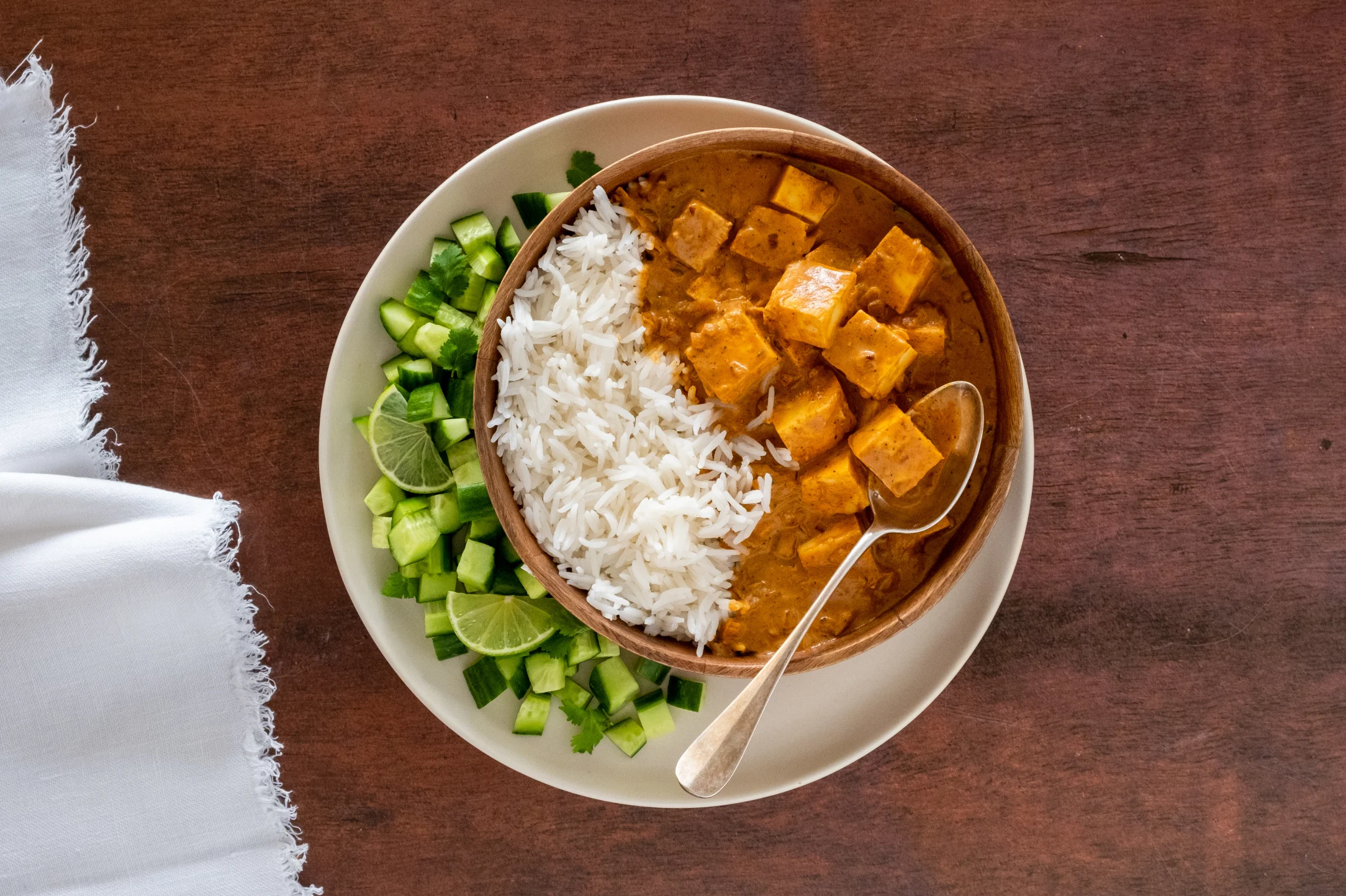 Paneer Tikka Masala with Basmati Rice and Quick Pickled Cucumbers