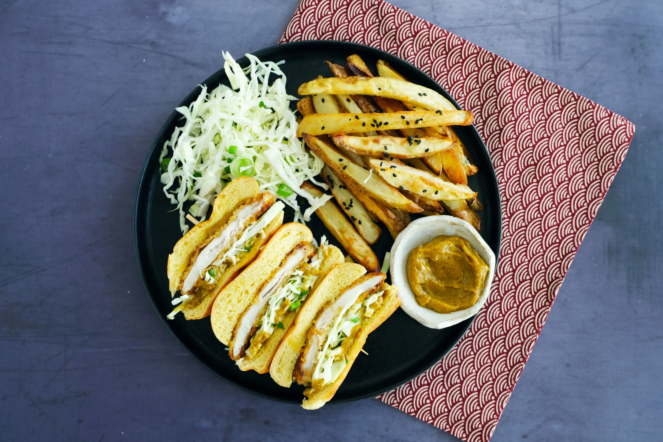 Chicken Katsu Burger with Fries, Slaw and Curried Mayo