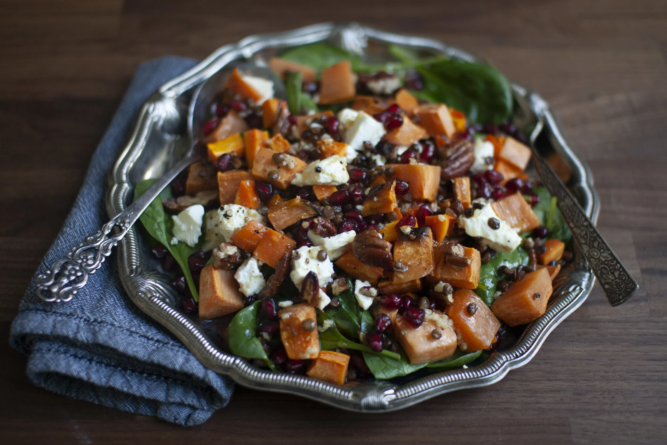 Roasted Sweet Potato, Lentil and Feta Salad with Pomegranate