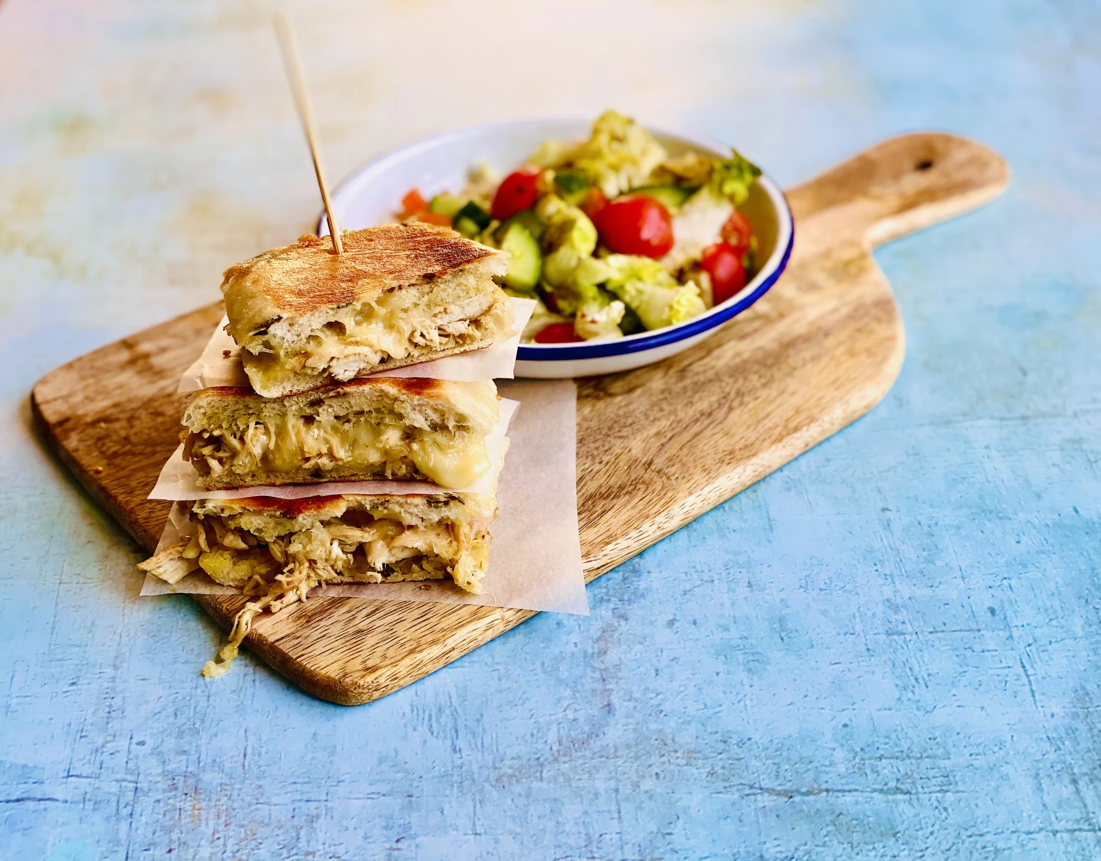 Cheesy Chicken and Pesto Panini with Italian Salad