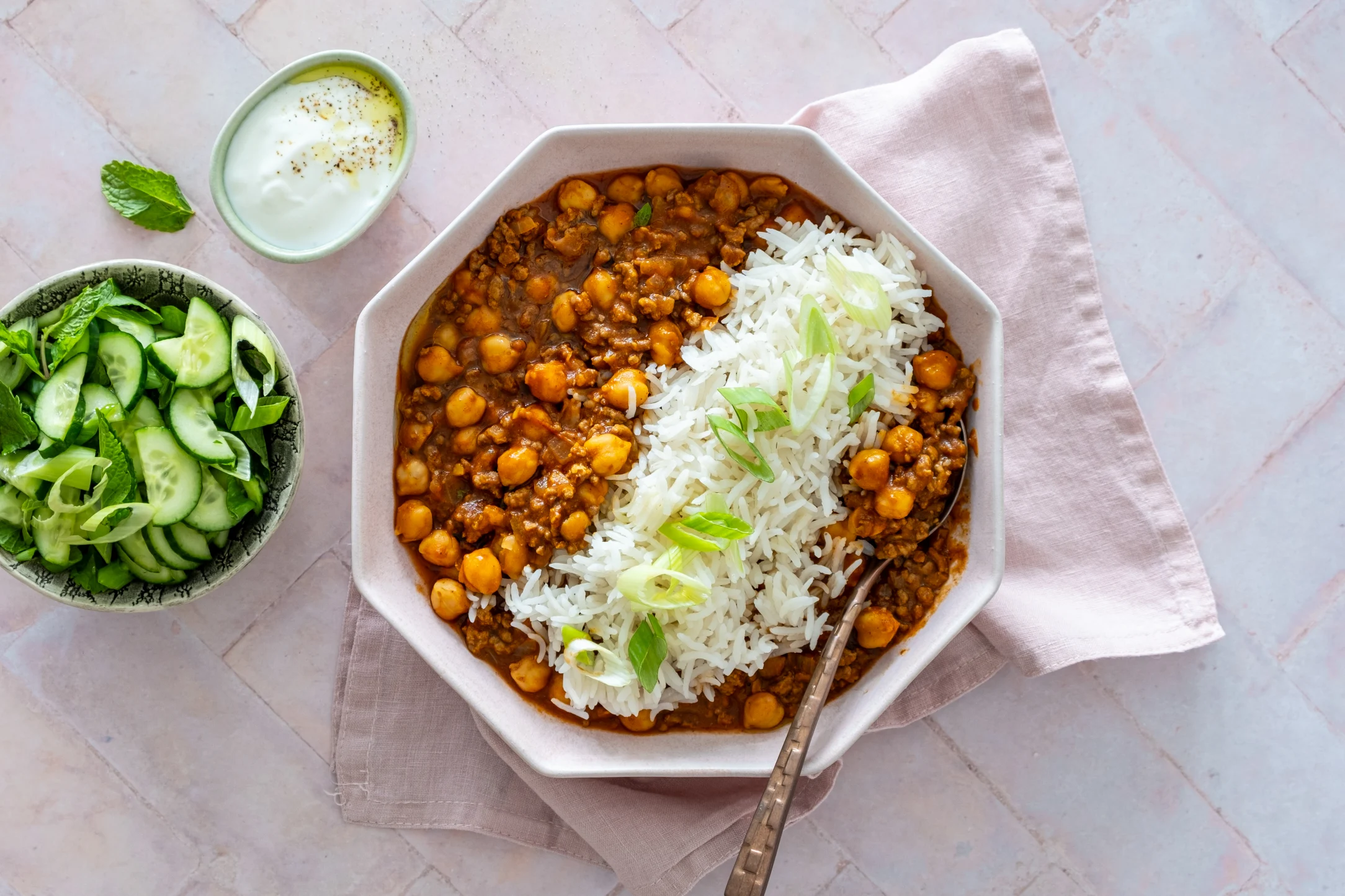 Persian Minced Beef and Chickpea Stew with Rice and Cucumber Mint Salad
