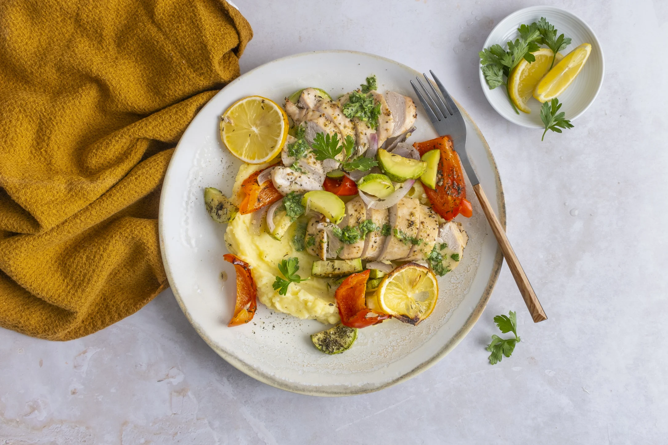 Lemony Chicken and Roasted Vegetable Traybake with Creamy Mash Potato