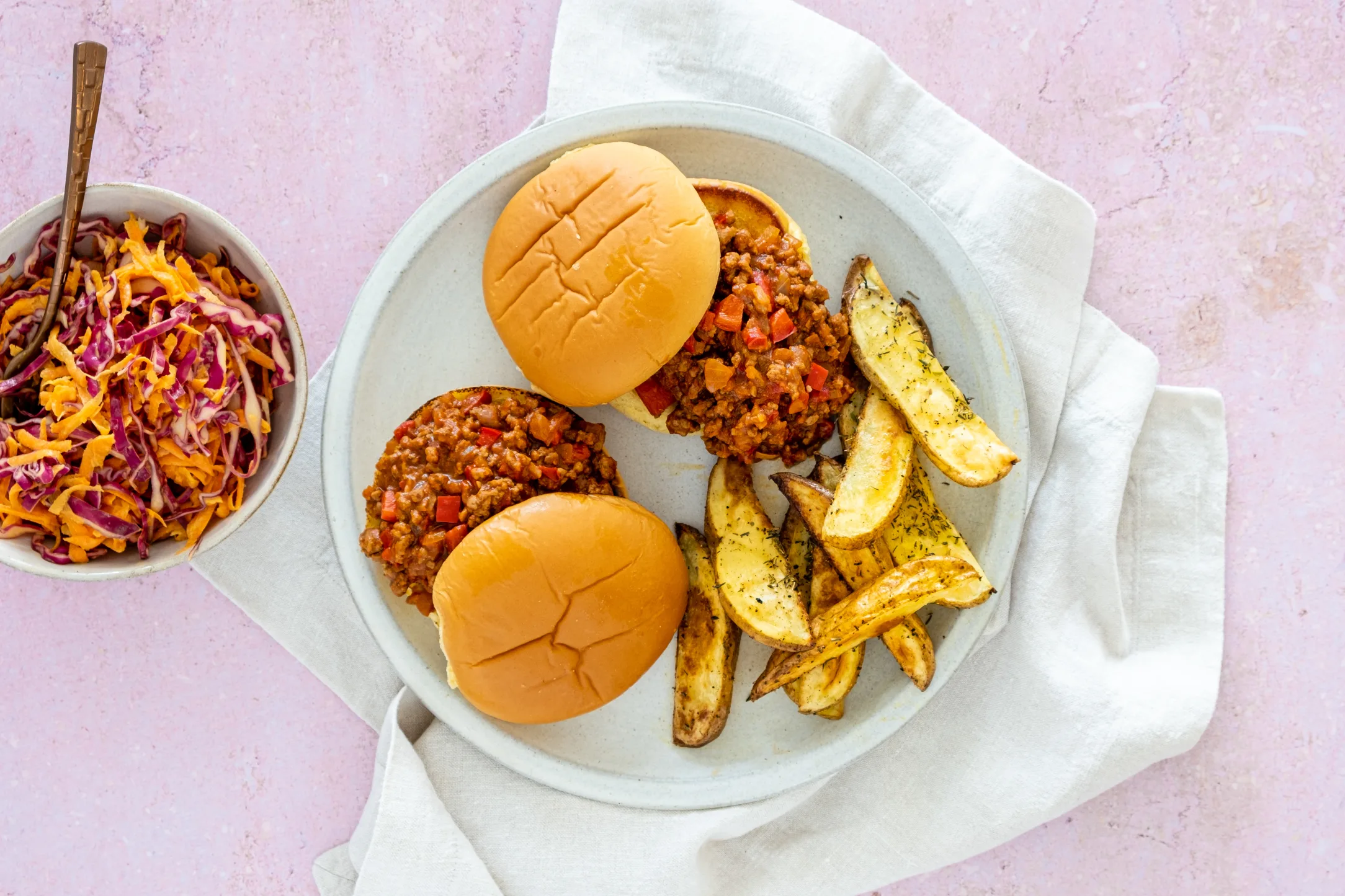 Sloppy Joes: Saucy Minced Beef Buns with Potato Wedges and Rainbow Coleslaw