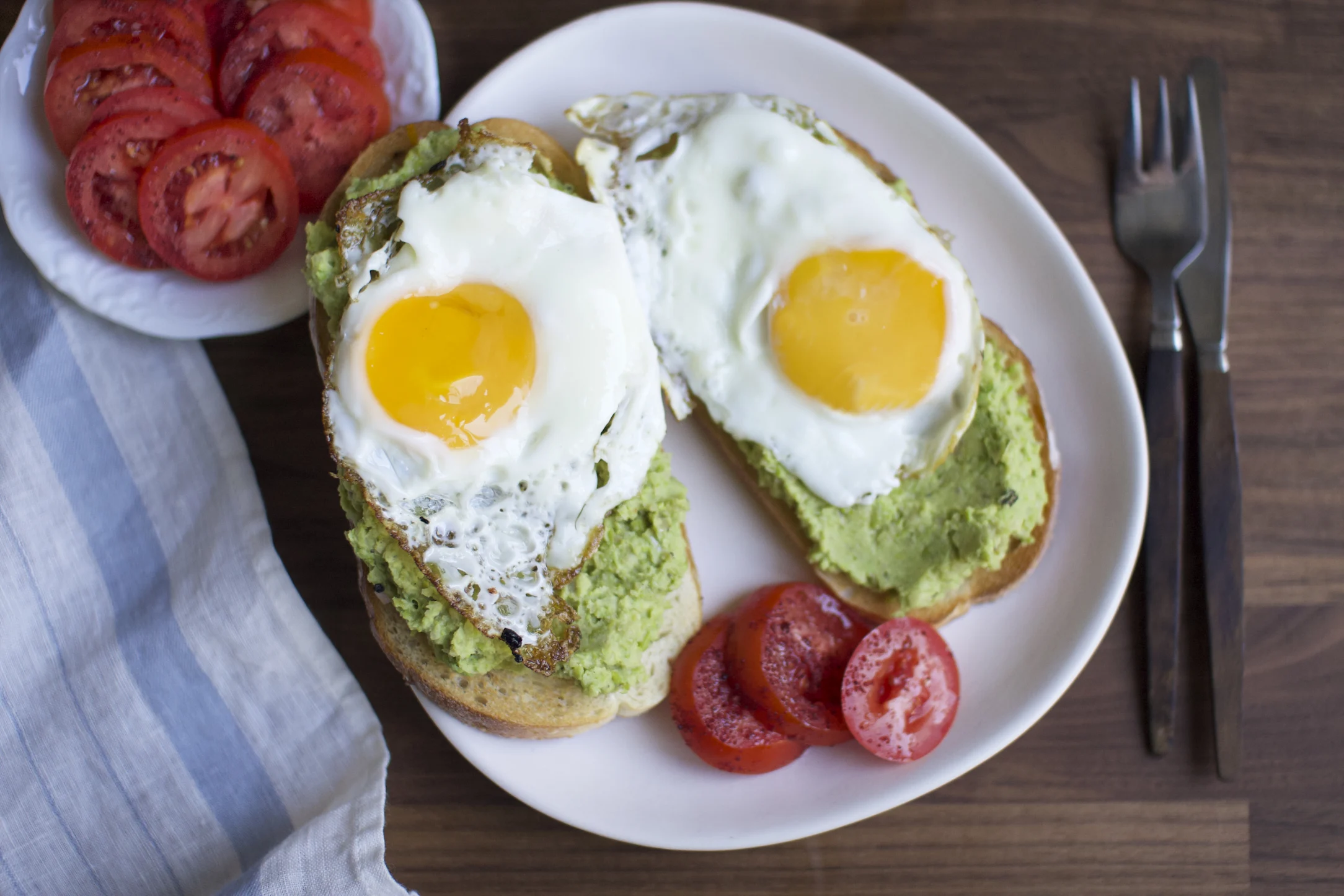 Pea and Bean Mash on Toast with Eggs and Tomatoes
